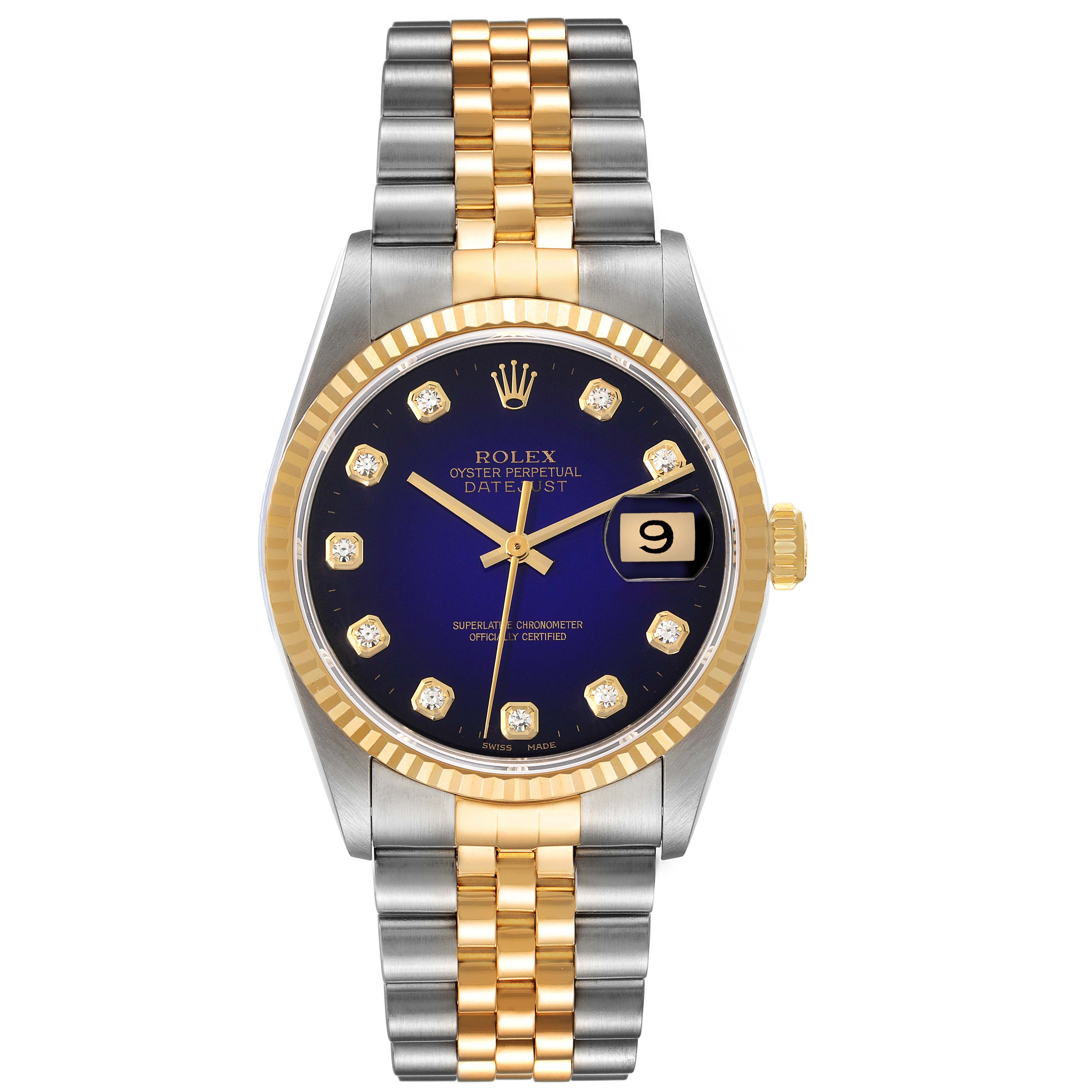 This image shows a front view of the Rolex Datejust 16233 Men's Steel and Gold (two tone) Purple Dial 16233 Men's Steel and Gold (two tone) Purple Dial watch, highlighting its dial, bezel, and bracelet.