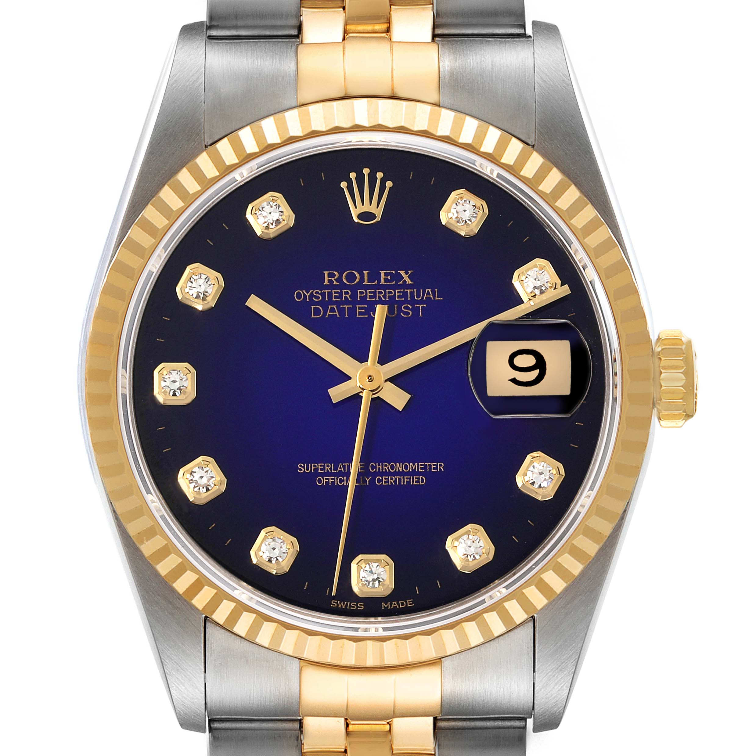 This image shows a frontal view of the Rolex Datejust 16233 Men's Steel and Gold (two tone) Purple Dial 16233 Men's Steel and Gold (two tone) Purple Dial watch, highlighting its dial, hands, bezel, and bracelet.