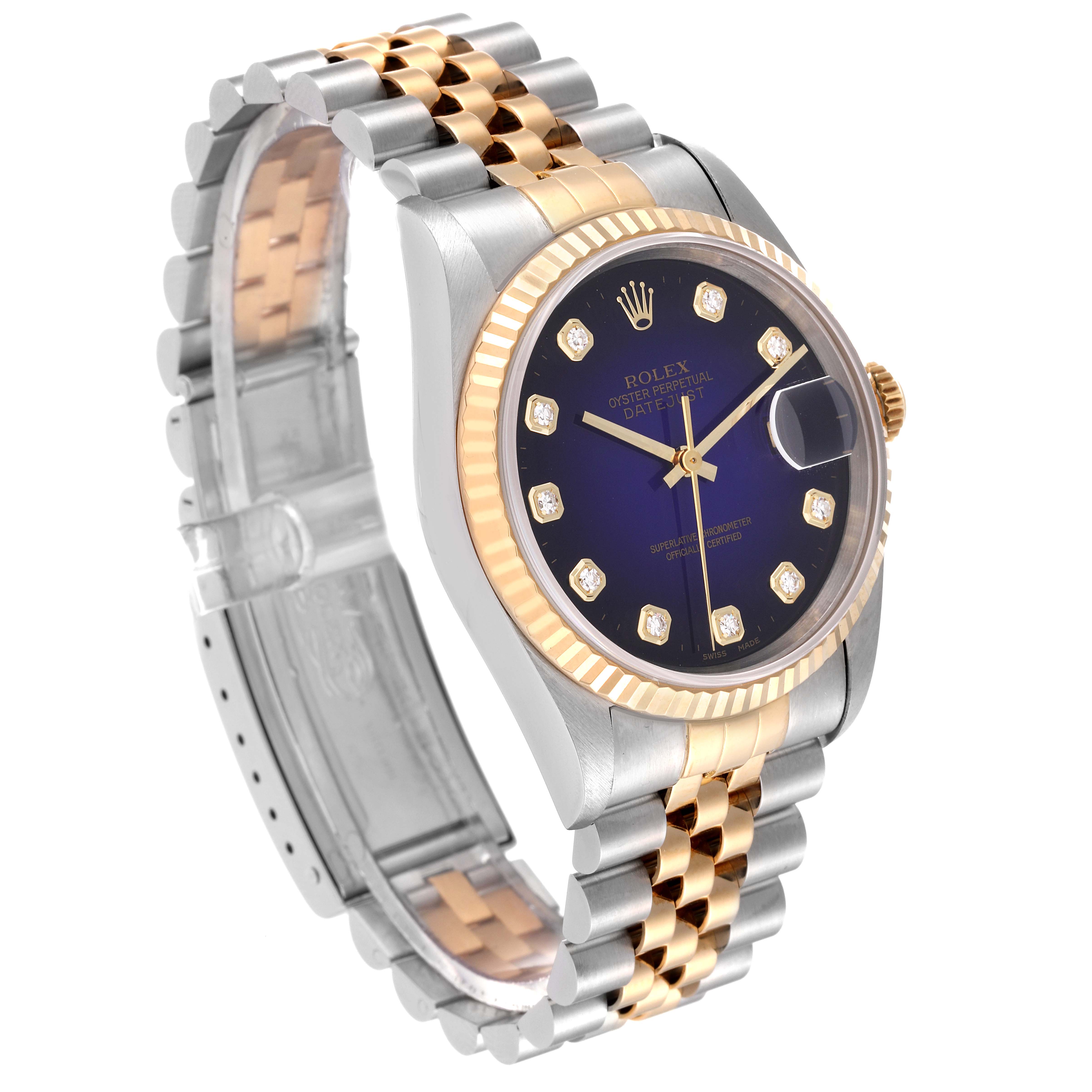 This Rolex Datejust 16233 Men's Steel and Gold (two tone) Purple Dial 16233 Men's Steel and Gold (two tone) Purple Dial watch is shown at an angle displaying the face, bezel, and bracelet, featuring a silver and gold two-tone design.