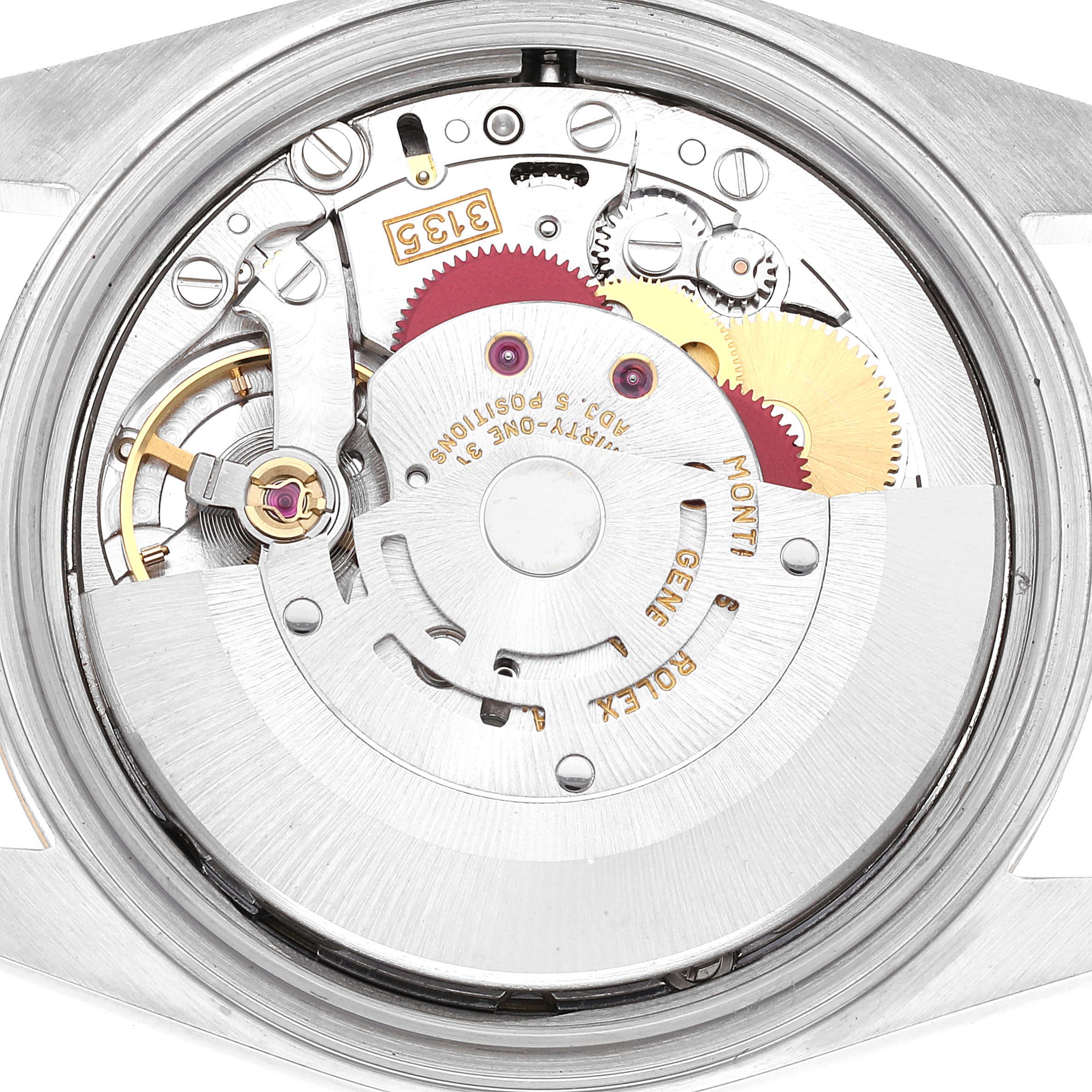 Close-up shot of the Rolex Datejust 16233 Men's Steel and Gold (two tone) Purple Dial 16233 Men's Steel and Gold (two tone) Purple Dial Movement showing intricate internal mechanical parts.