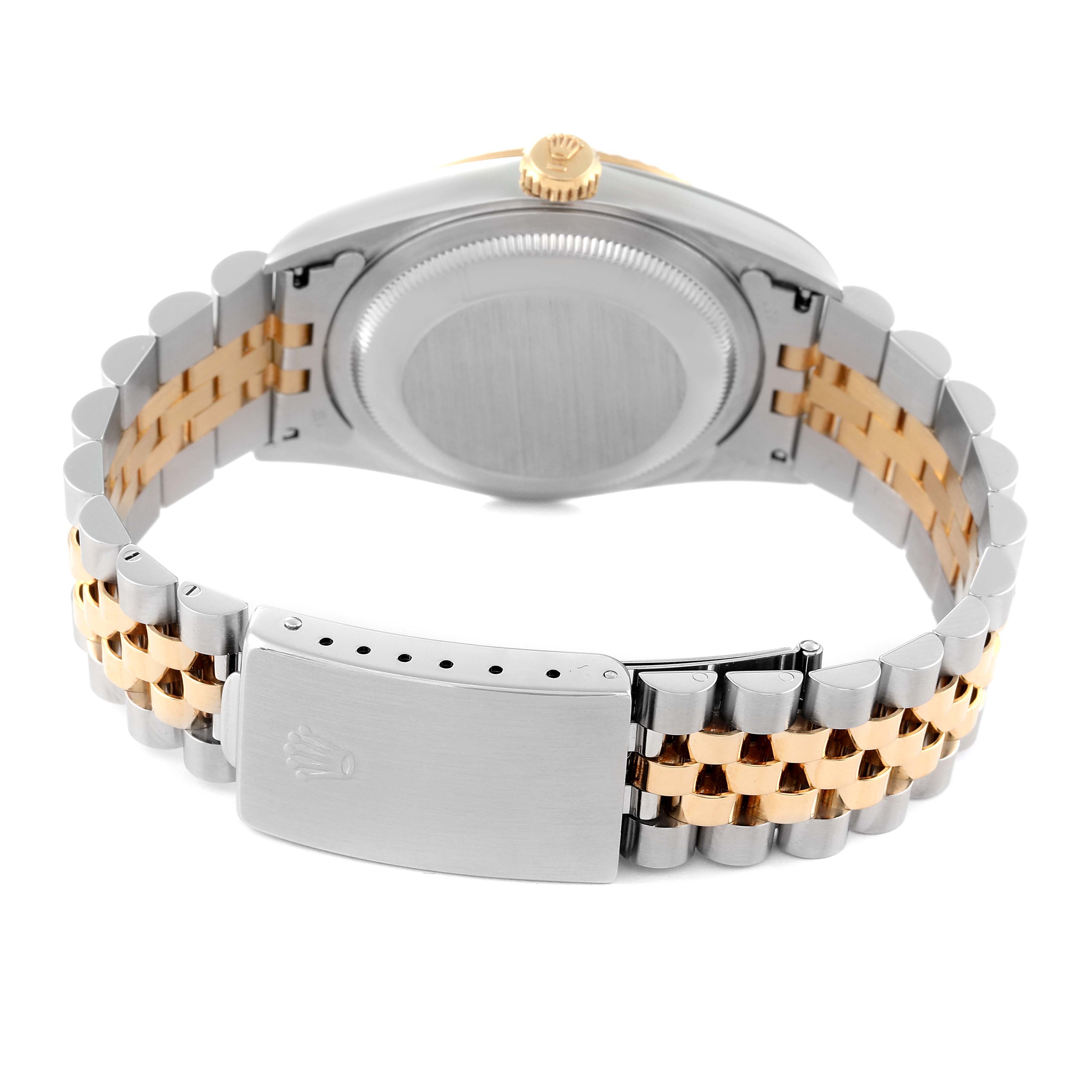 The image shows the back case and Jubilee bracelet of a Rolex Datejust 16233 Men's Steel and Gold (two tone) Purple Dial 16233 Men's Steel and Gold (two tone) Purple Dial watch.