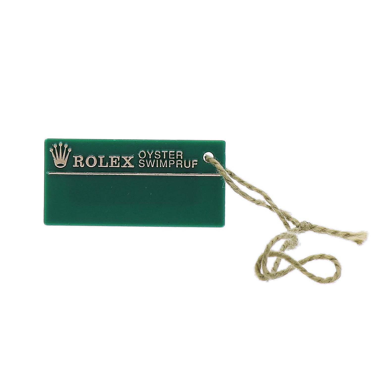 The image shows a green Rolex Oyster Swimpruf tag, an accessory for the Rolex Datejust 69173 Women's Steel and Gold (two tone) White Dial model.