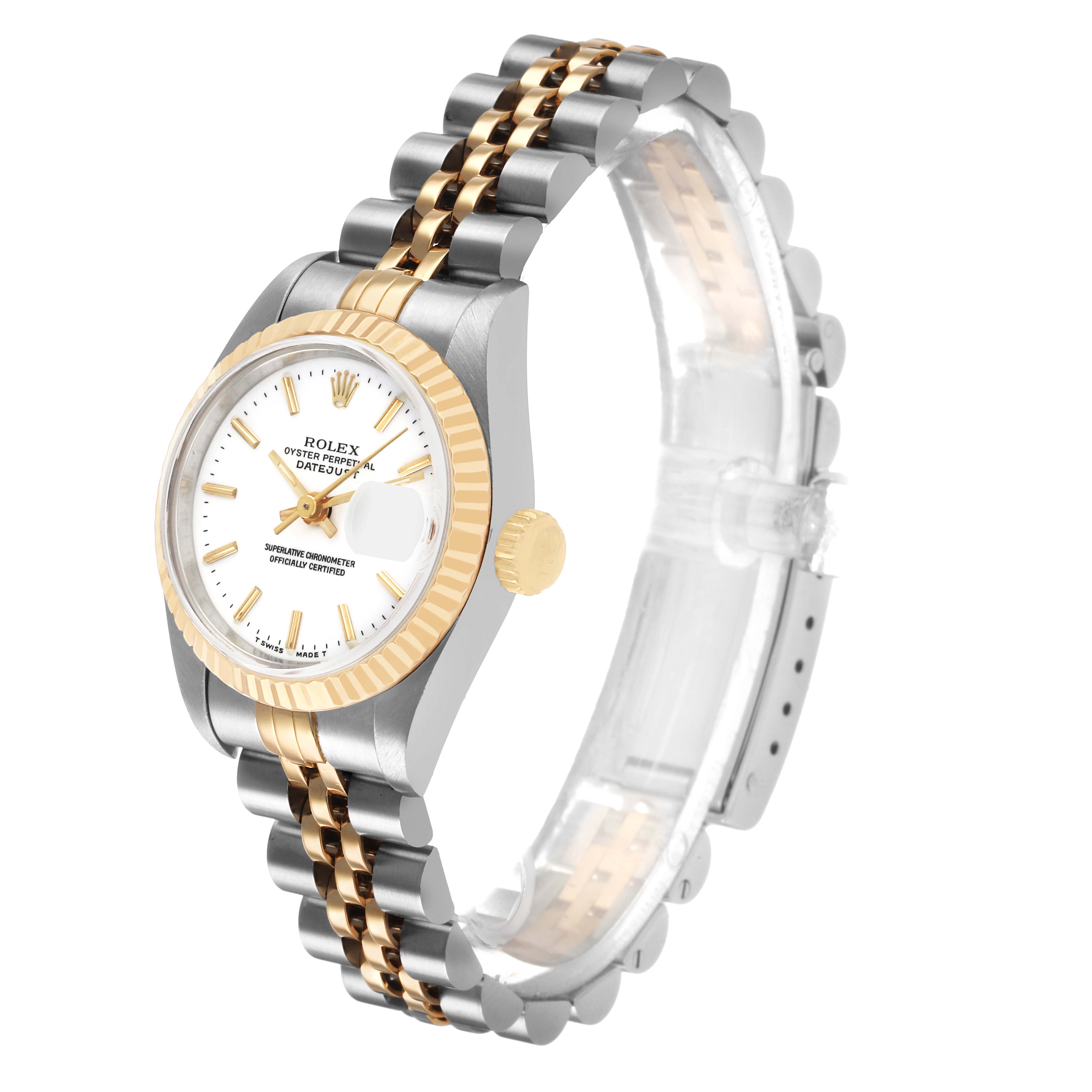 The Rolex Datejust 69173 Women's Steel and Gold (two tone) White Dial watch is shown at a side angle highlighting the bezel, dial, crown, and jubilee bracelet.