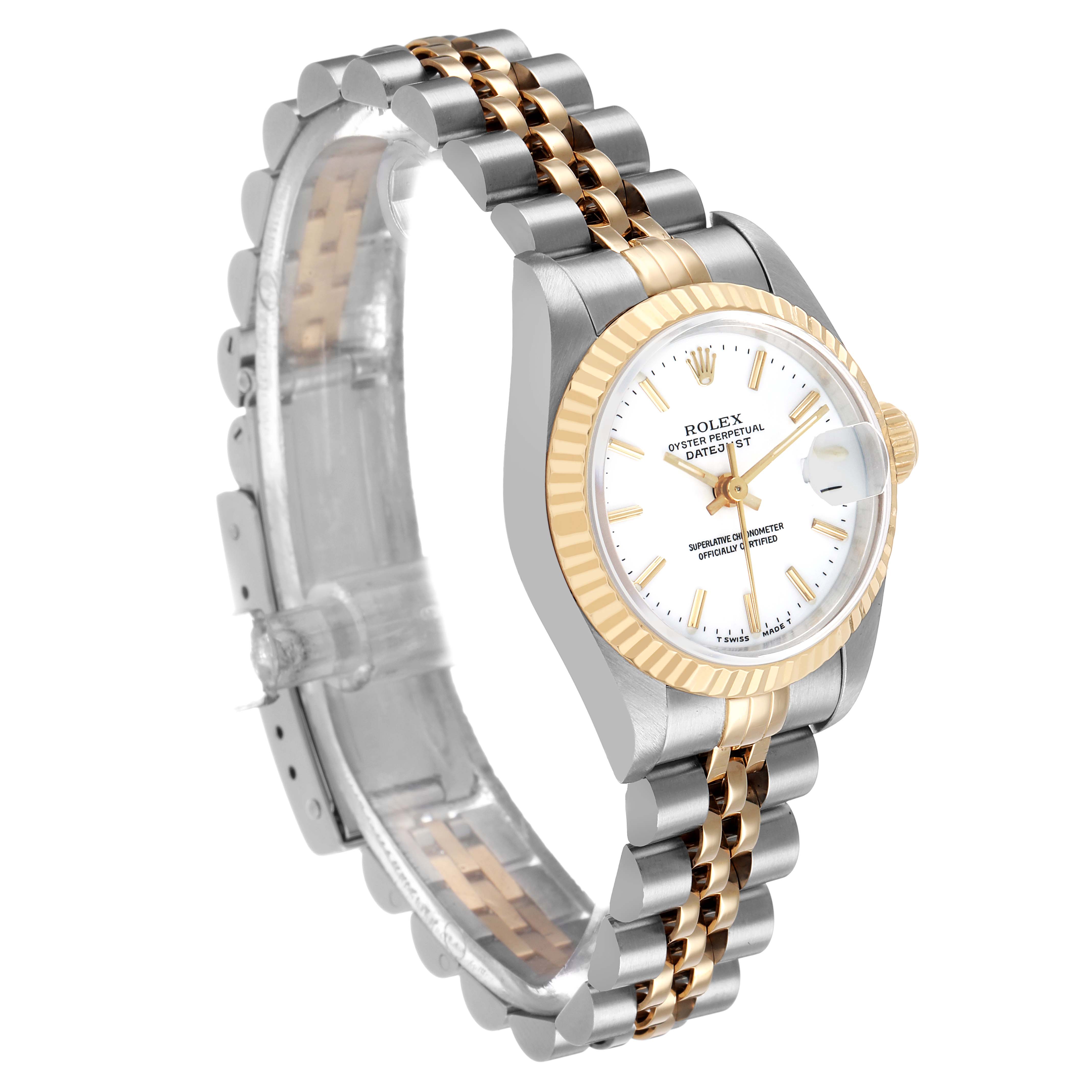 The Rolex Datejust 69173 Women's Steel and Gold (two tone) White Dial watch is shown from an angled side view, highlighting the bezel, dial, and two-tone Jubilee bracelet.