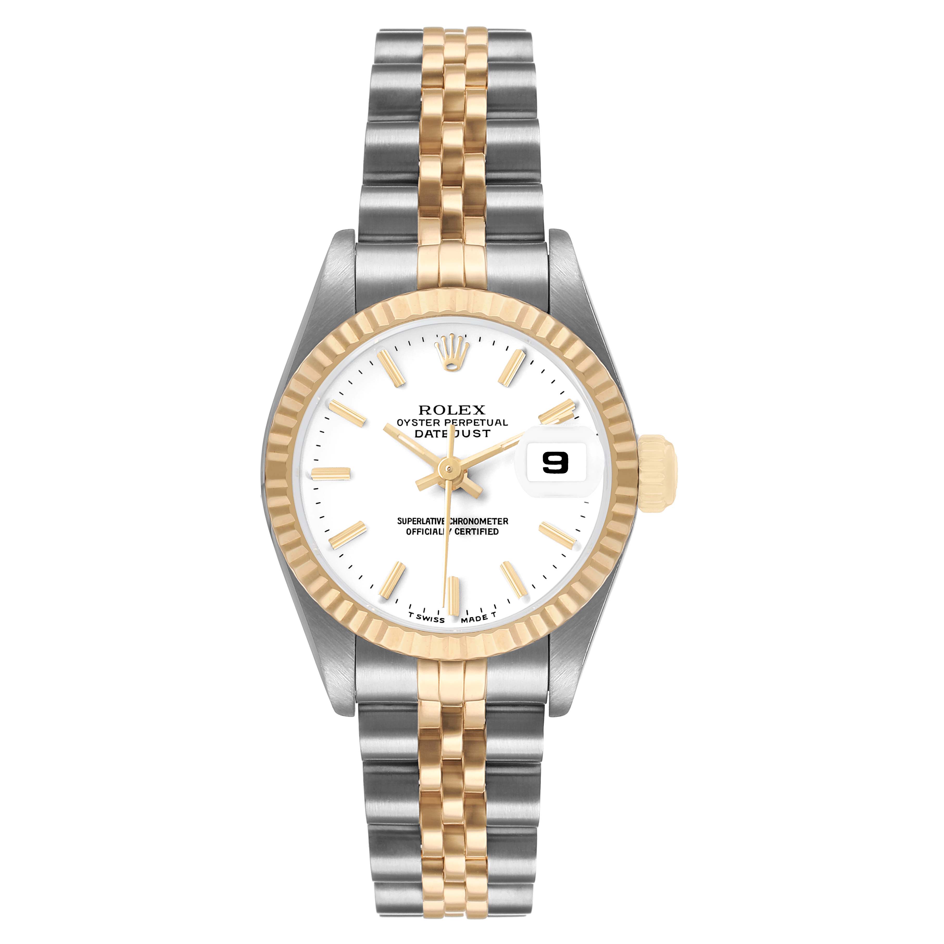 The Rolex Datejust 69173 Women's Steel and Gold (two tone) White Dial watch is shown head-on, displaying the face, bezel, and two-tone bracelet.