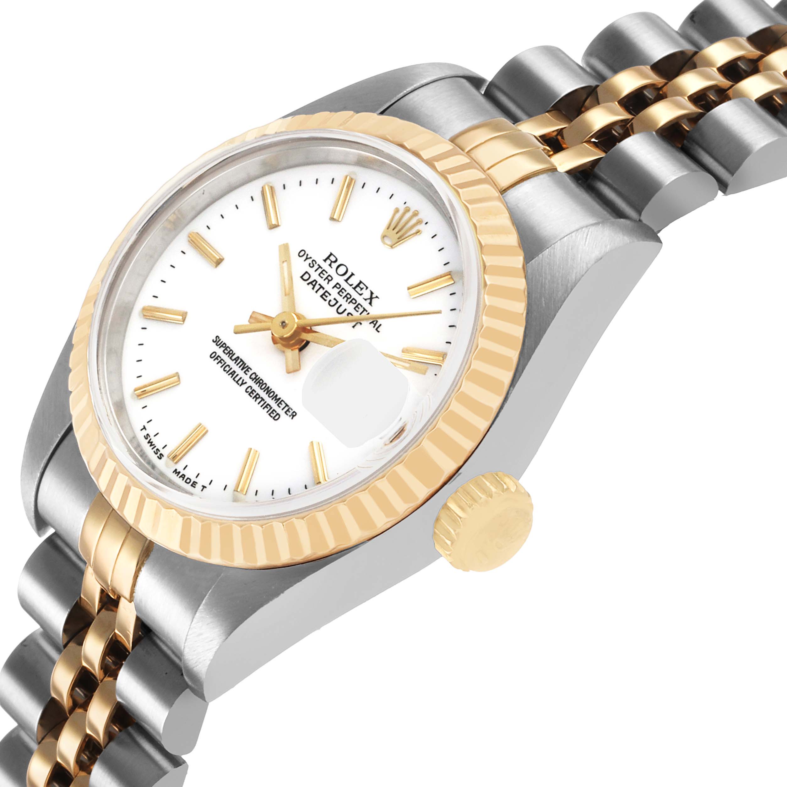 The image shows a Rolex Datejust 69173 Women's Steel and Gold (two tone) White Dial watch at a three-quarter angle, highlighting the face, bezel, crown, and part of the bracelet.