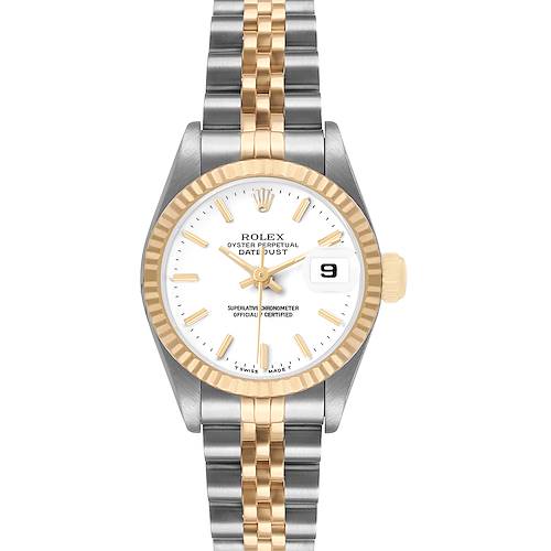 The Rolex Datejust 69173 Women's Steel and Gold (two tone) White Dial watch is shown from a top-down angle, highlighting the dial, bezel, and two-tone bracelet.