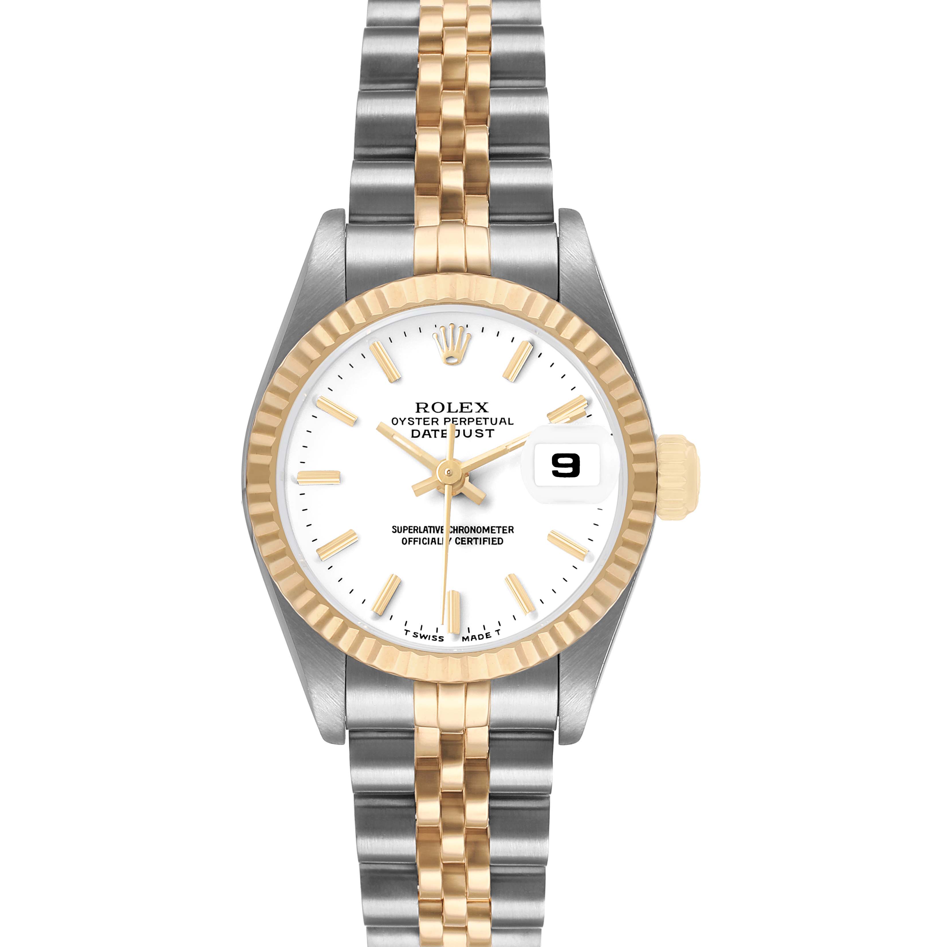 The Rolex Datejust 69173 Women's Steel and Gold (two tone) White Dial watch is shown from a front angle, displaying the dial, bezel, and bracelet clearly.