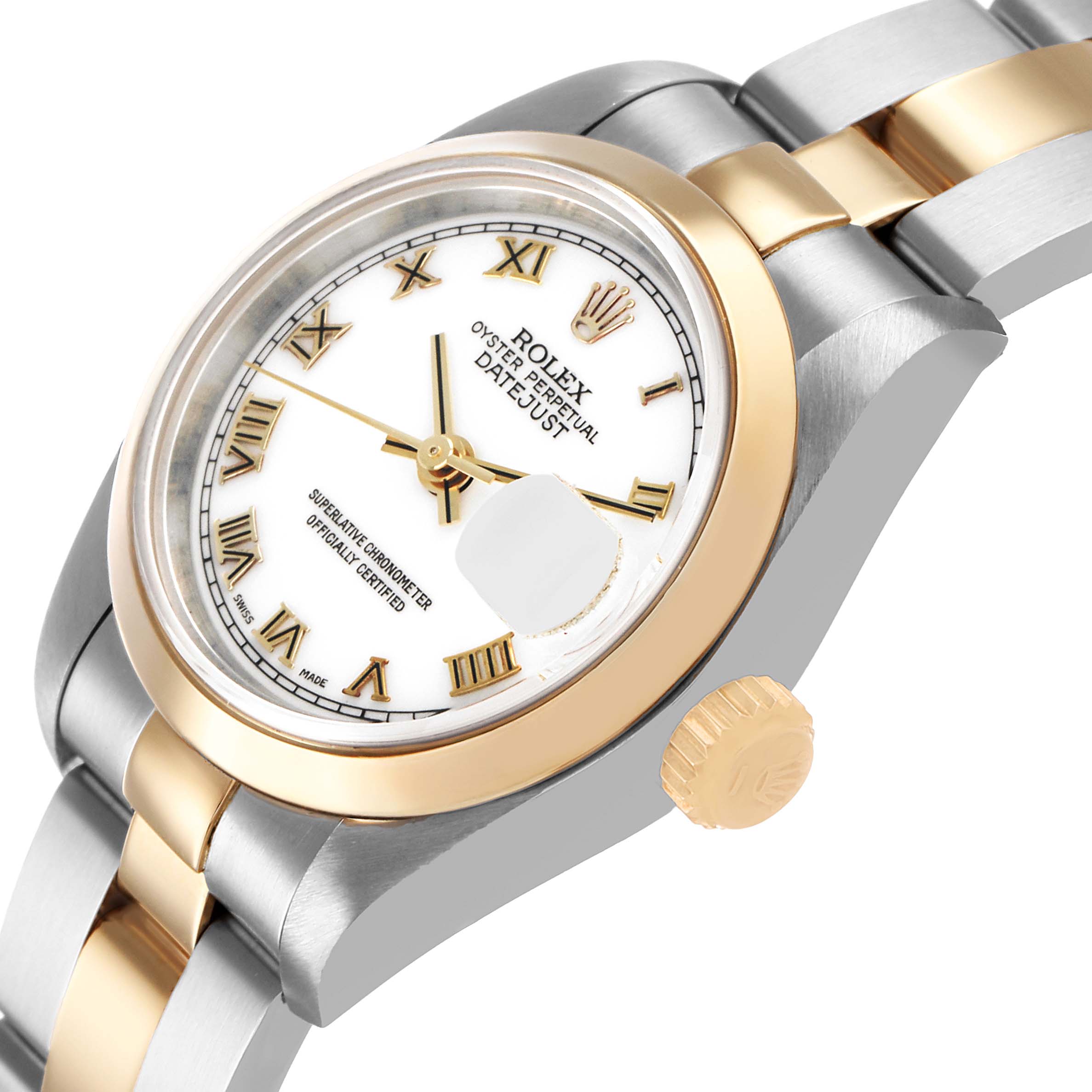 The Rolex Datejust 69163 Women's Steel and Gold (two tone) White Dial watch is shown at an angled side view, highlighting the face, bezel, crown, and part of the bracelet.