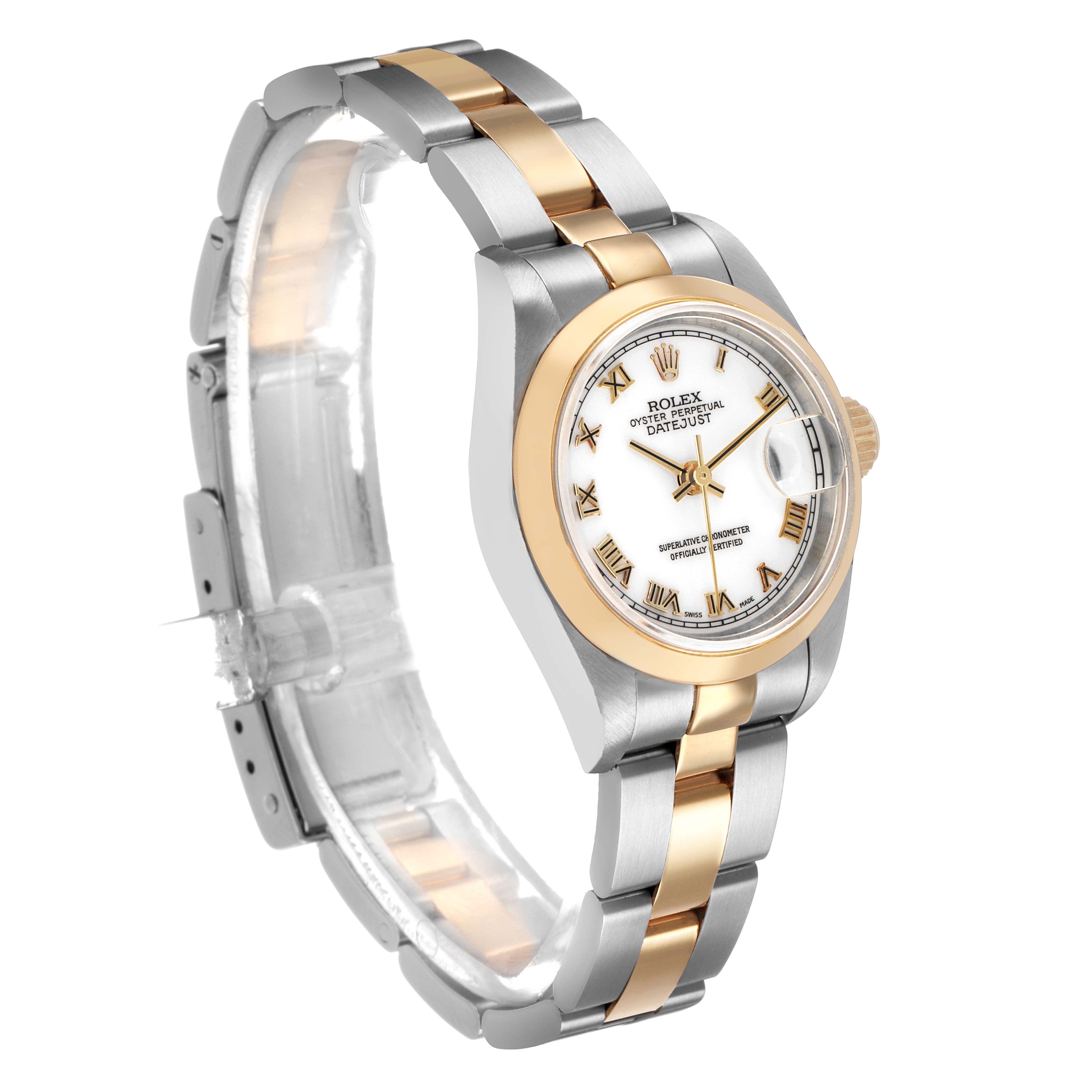 The Rolex Datejust 69163 Women's Steel and Gold (two tone) White Dial watch is shown at a front-left angle, displaying the face, bezel, and bracelet.