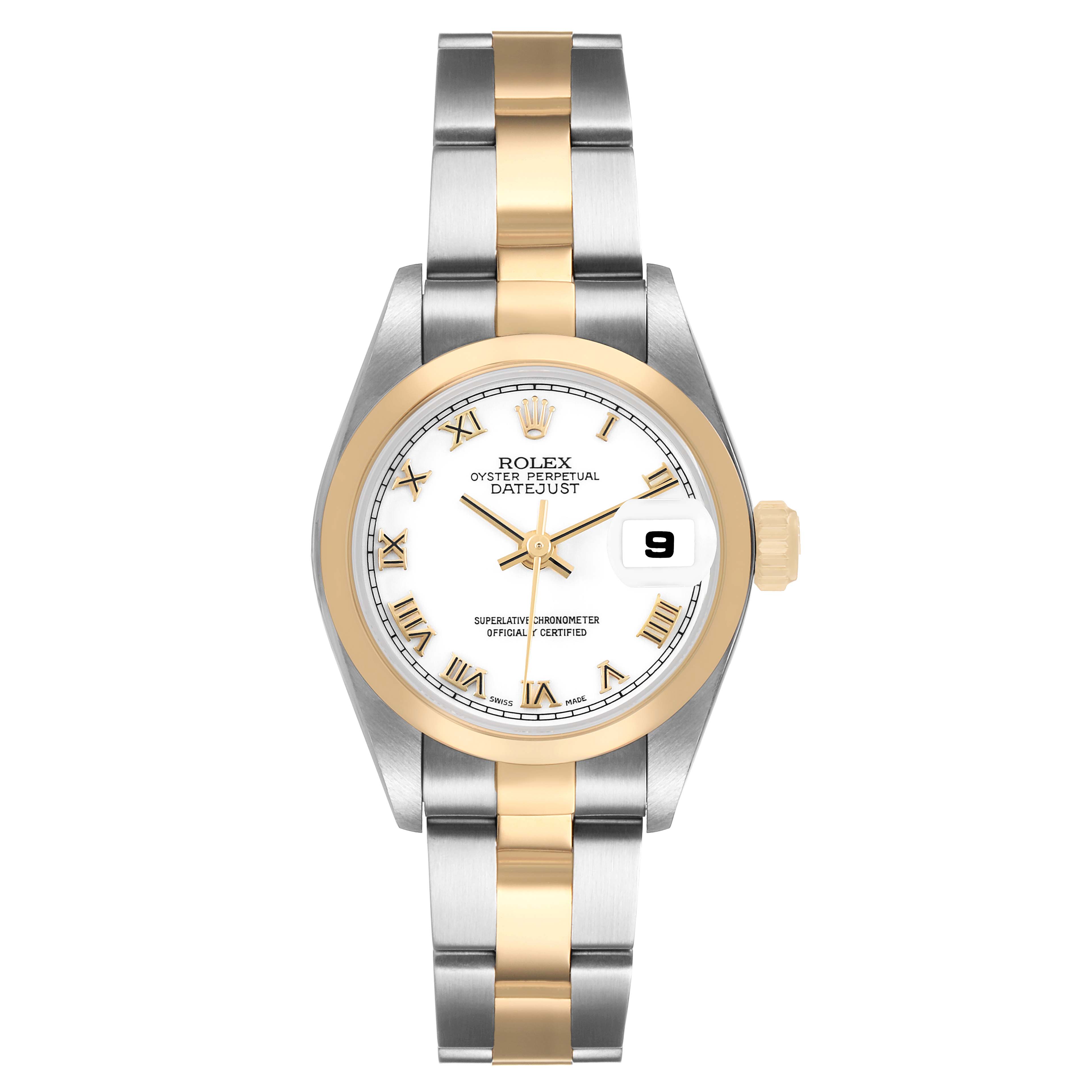 The Rolex Datejust 69163 Women's Steel and Gold (two tone) White Dial watch is shown from a top view, displaying the dial, bezel, and two-tone bracelet clearly.