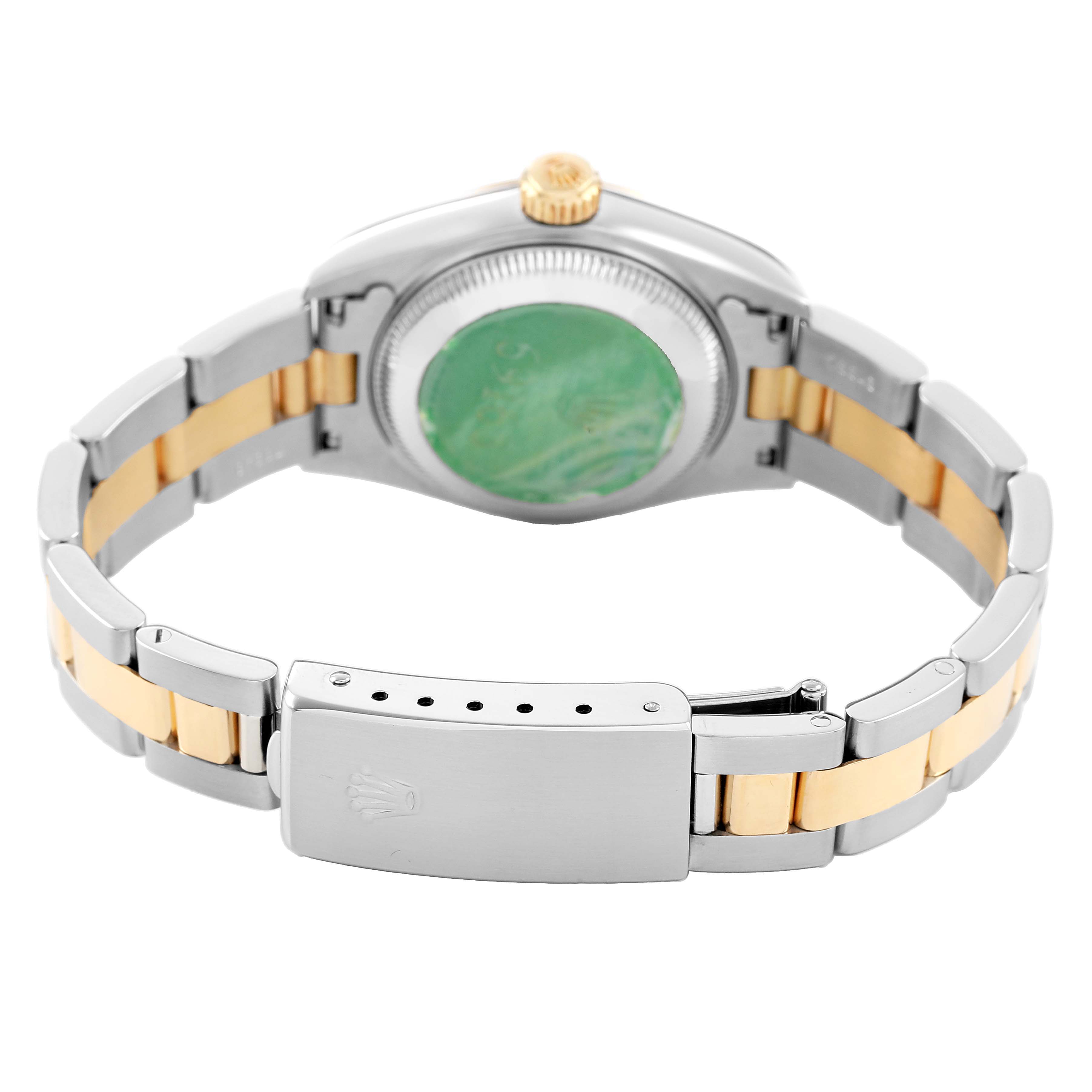 The Rolex Datejust 69163 Women's Steel and Gold (two tone) White Dial is shown from the back, highlighting the case, bracelet, and clasp.