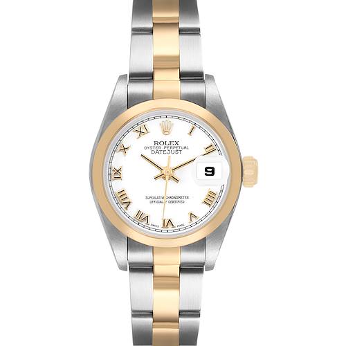 The Rolex Datejust 69163 Women's Steel and Gold (two tone) White Dial watch is shown from the front, featuring the dial, bezel, and bracelet.