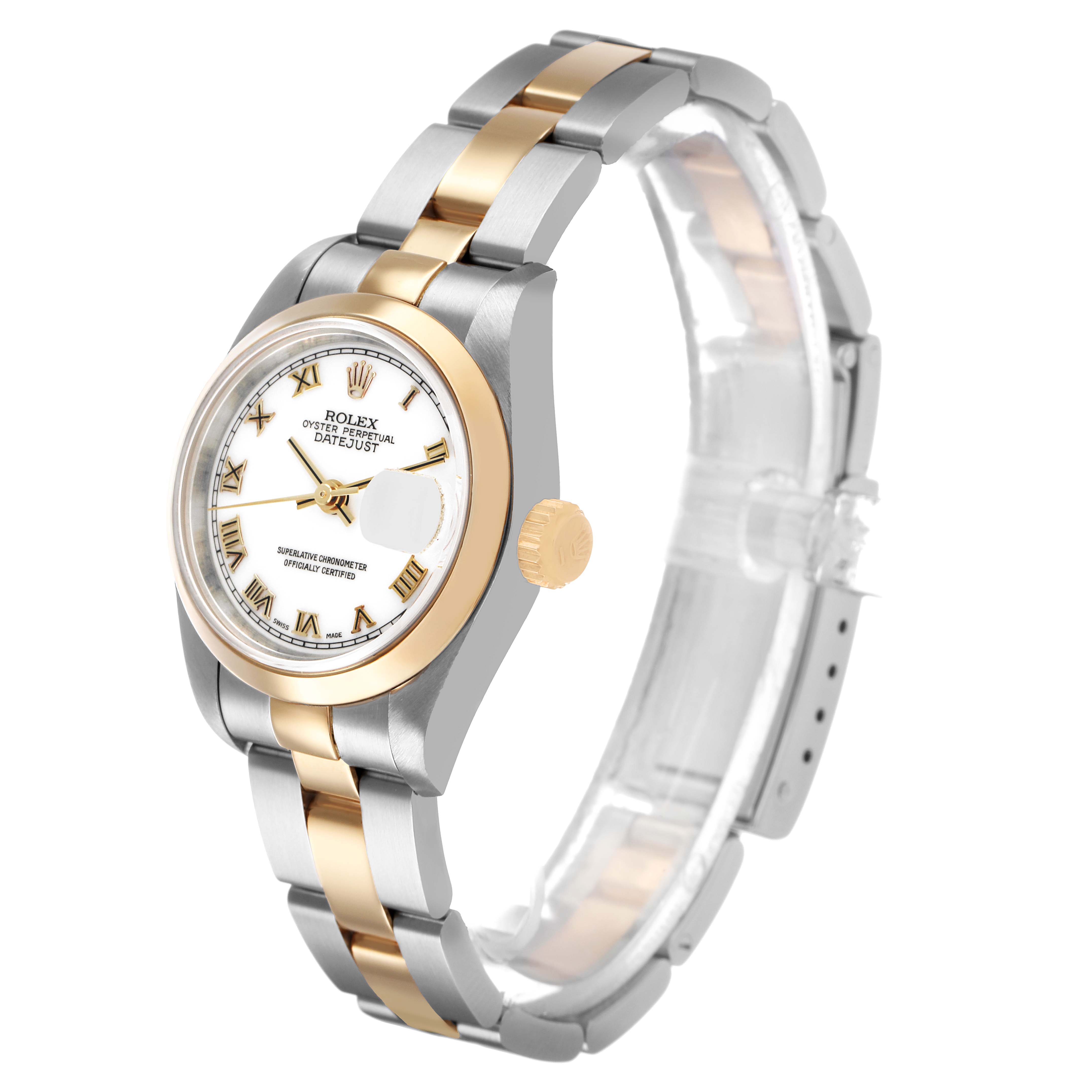 The Rolex Datejust 69163 Women's Steel and Gold (two tone) White Dial watch is shown at an angled side view, highlighting the dial, case, crown, and two-tone bracelet.
