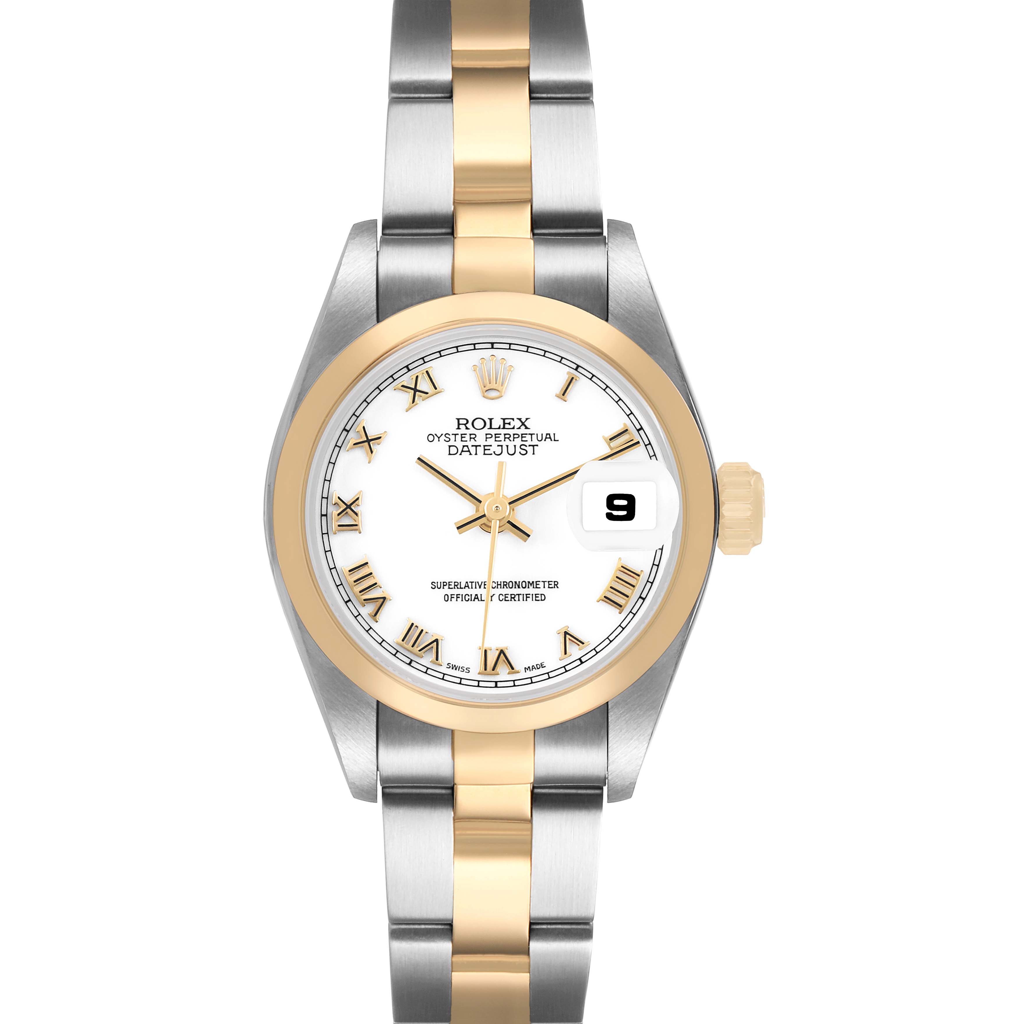 The Rolex Datejust 69163 Women's Steel and Gold (two tone) White Dial watch is shown from a top-down angle, displaying the face, bezel, and bracelet.