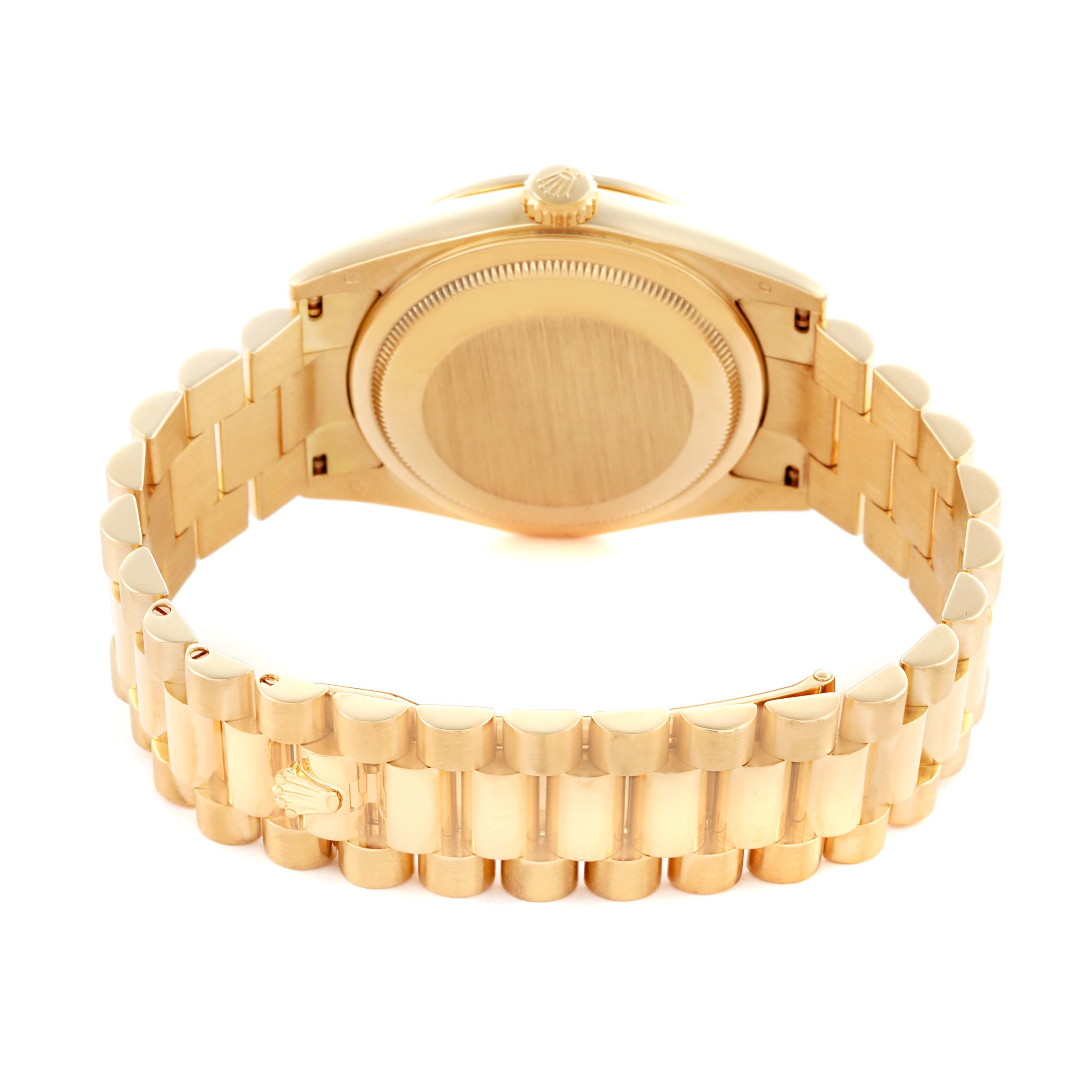 The image shows the back of the Rolex President 118348 Men's Yellow Gold Champagne Dial 118348 Men's Yellow Gold Champagne Dial watch, highlighting the case back and bracelet.
