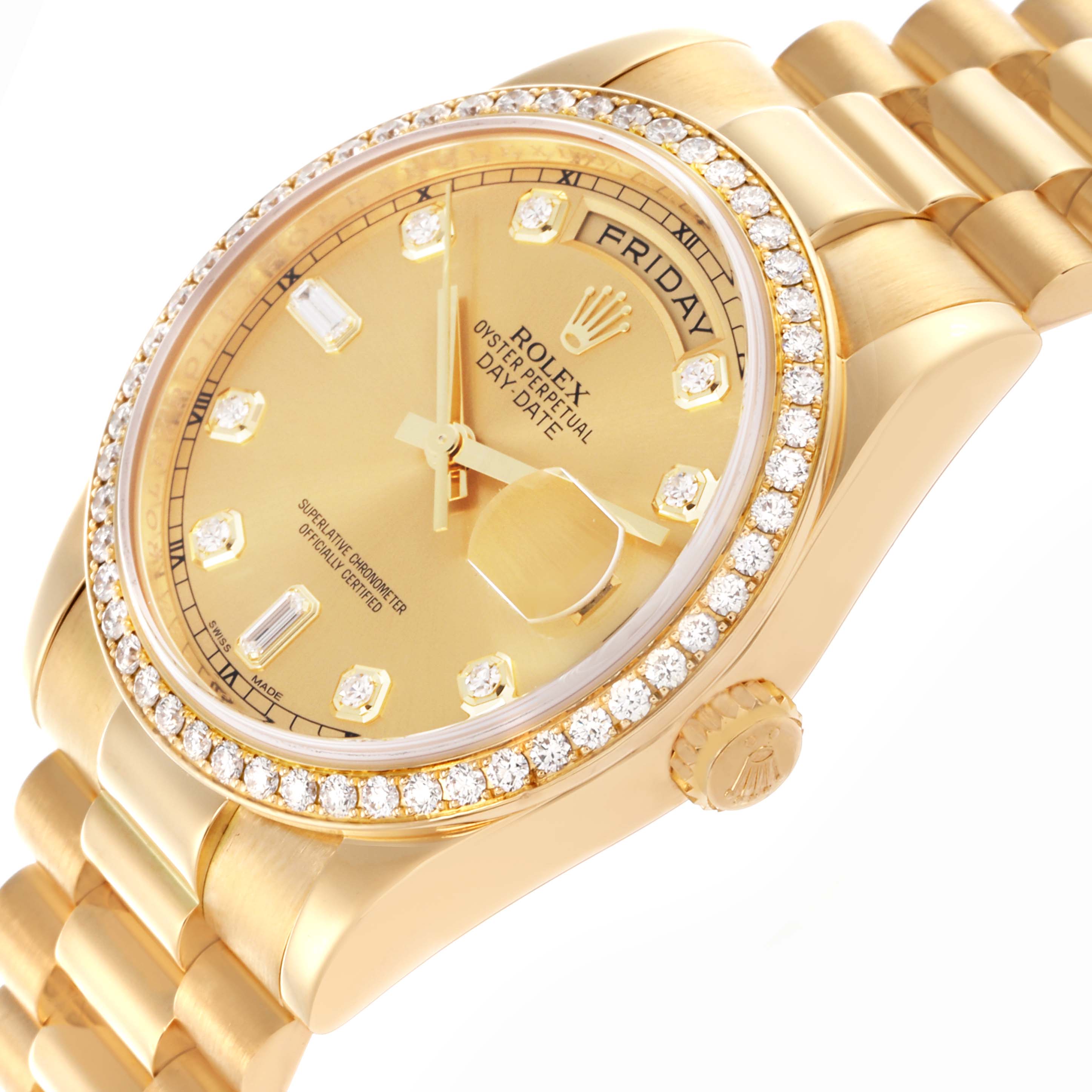 The Rolex President 118348 Men's Yellow Gold Champagne Dial 118348 Men's Yellow Gold Champagne Dial watch is shown at an angled close-up, displaying the dial, diamond bezel, case, and bracelet.