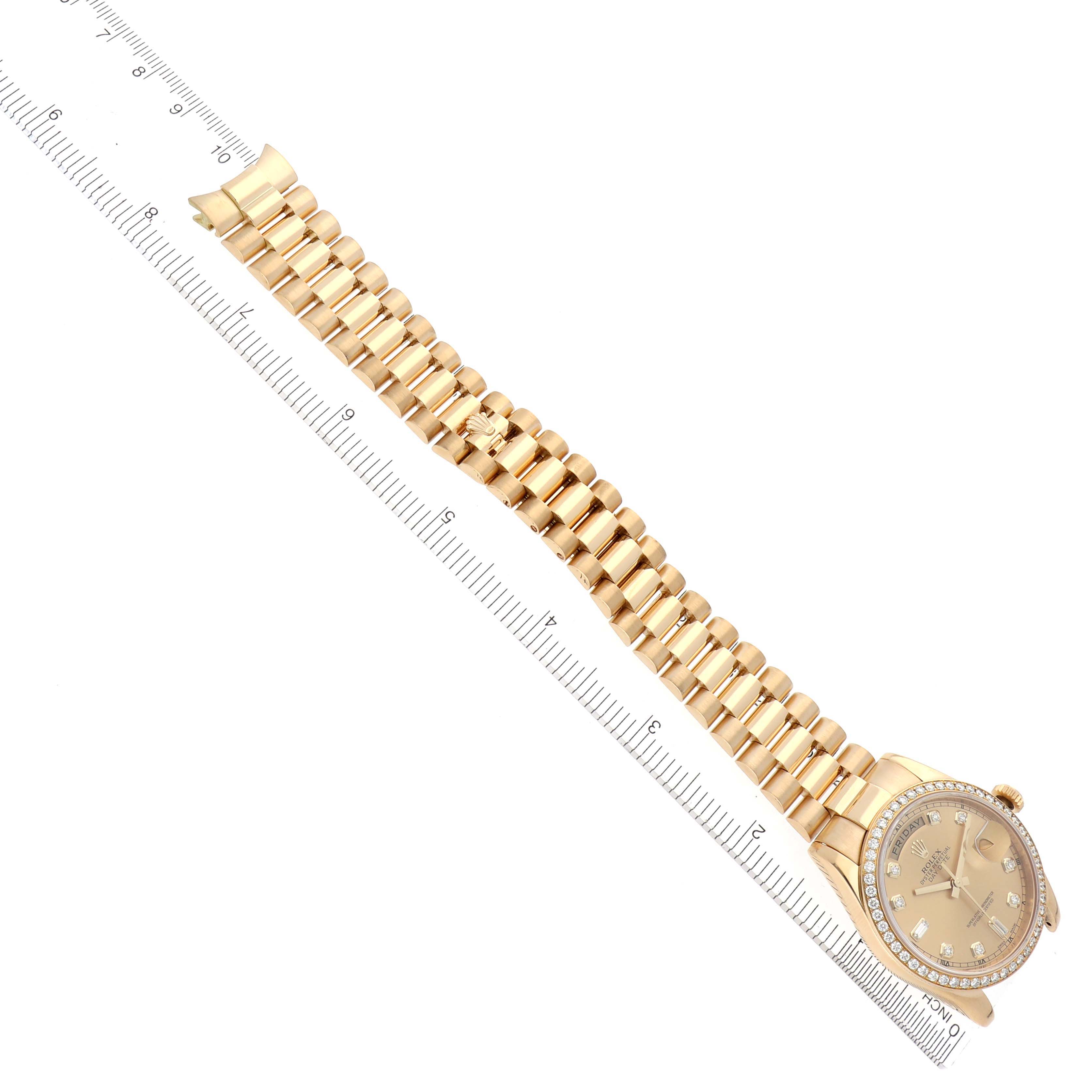 The Rolex President 118348 Men's Yellow Gold Champagne Dial 118348 Men's Yellow Gold Champagne Dial watch is shown from a top view, displaying the full bracelet and part of the watch face with a diamond bezel.