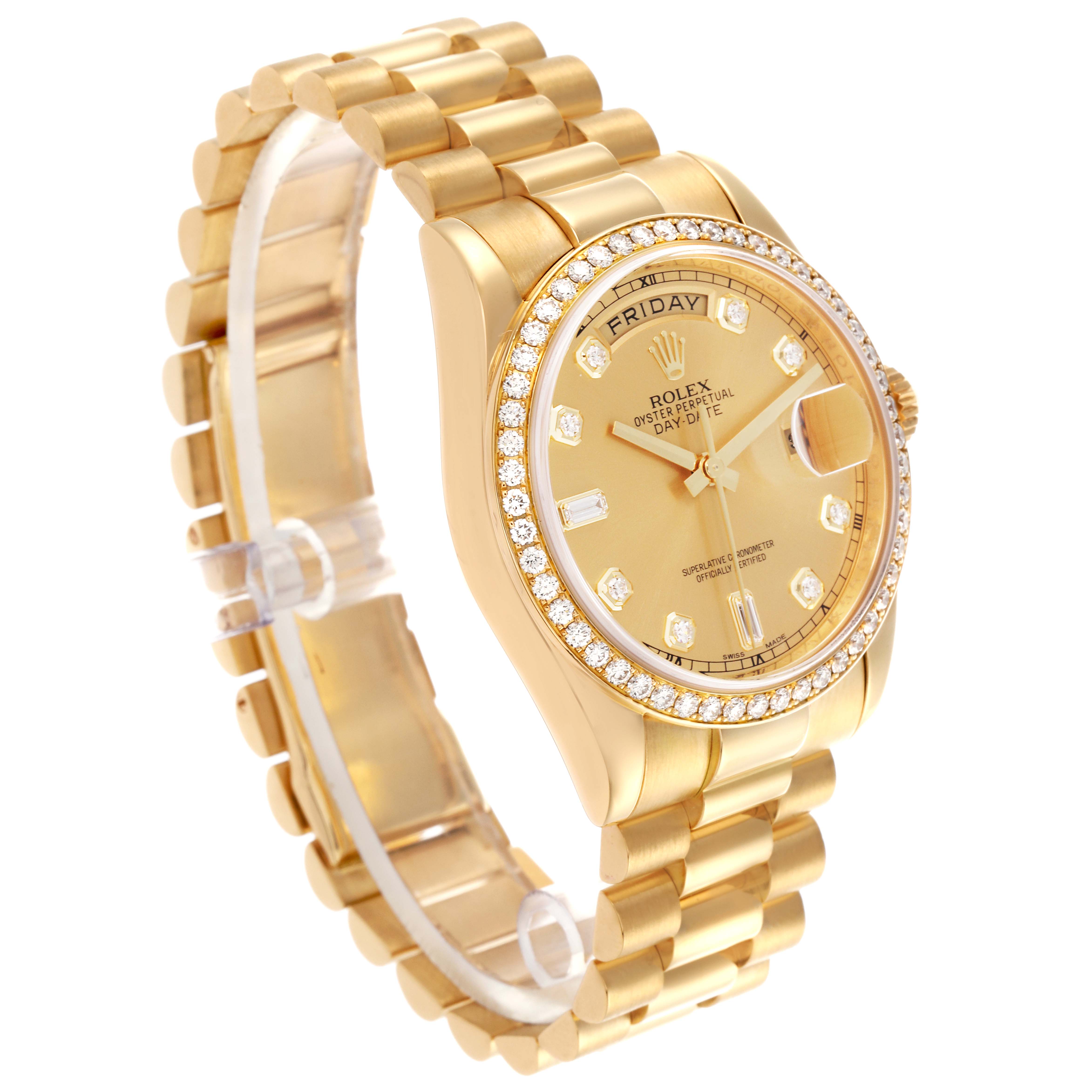 The Rolex President 118348 Men's Yellow Gold Champagne Dial 118348 Men's Yellow Gold Champagne Dial model watch is shown at a three-quarter angle, highlighting the bracelet, bezel, and dial.