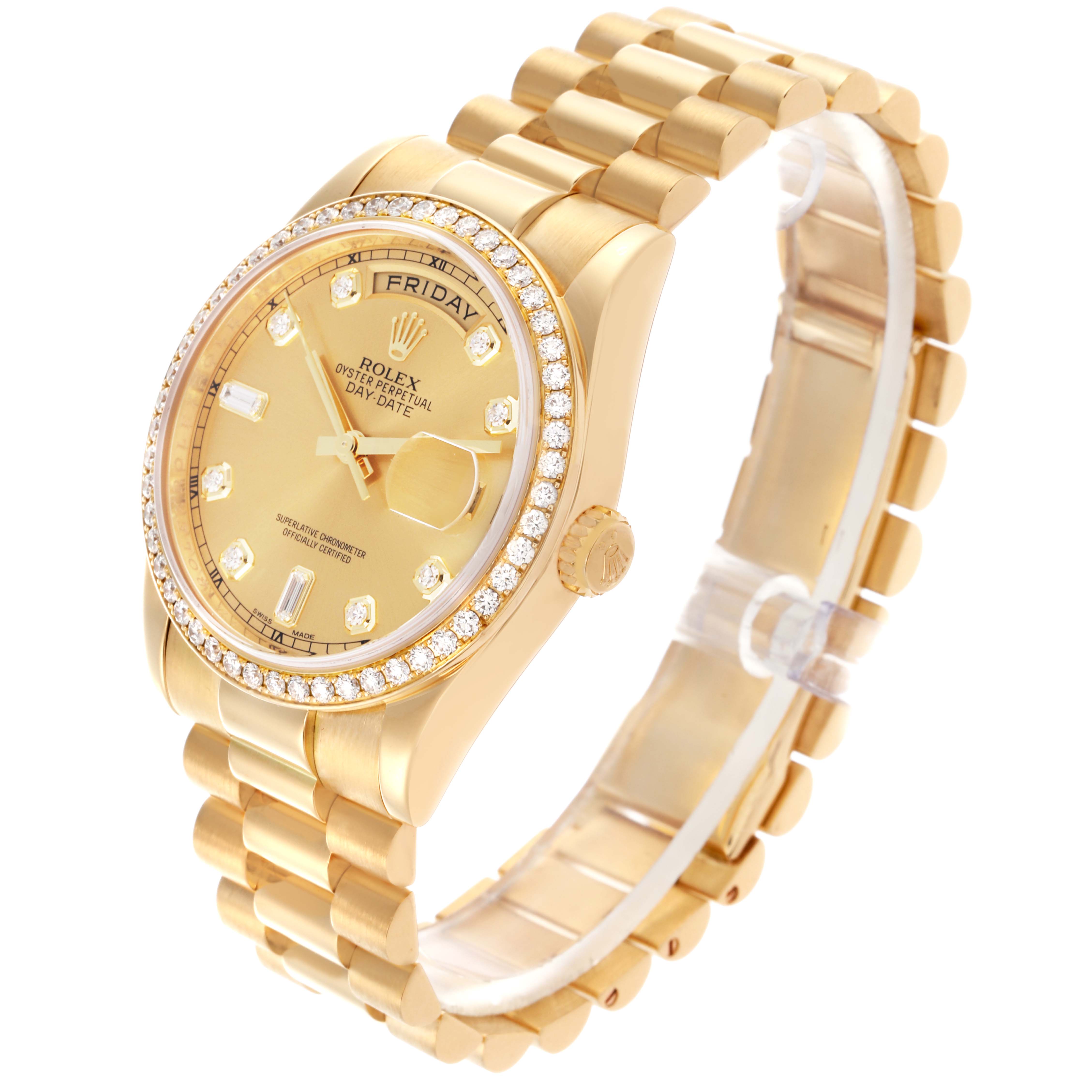 The Rolex President 118348 Men's Yellow Gold Champagne Dial 118348 Men's Yellow Gold Champagne Dial model is shown at a three-quarter angle, highlighting the gold bracelet, diamond bezel, and champagne dial.