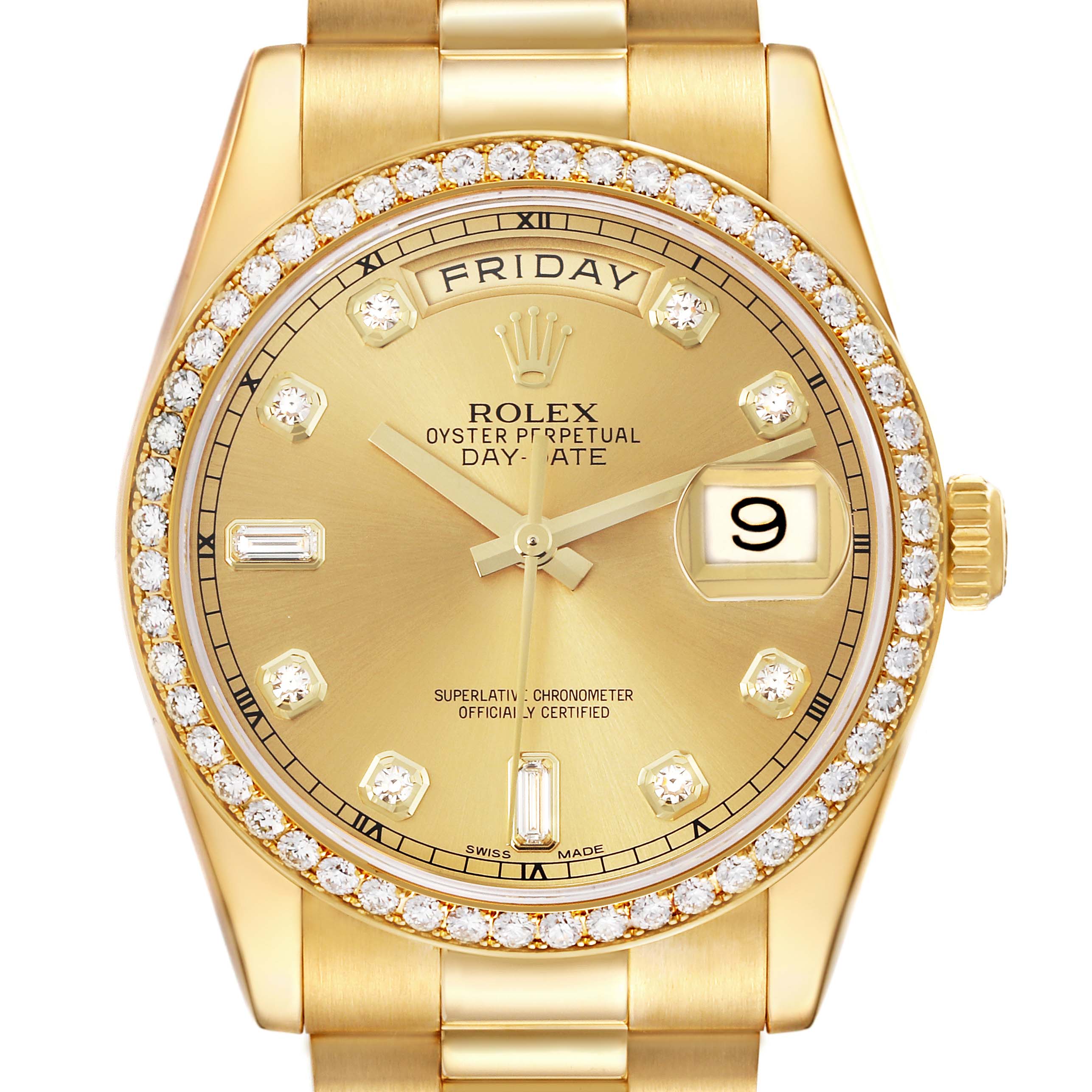 The image shows a Rolex President 118348 Men's Yellow Gold Champagne Dial 118348 Men's Yellow Gold Champagne Dial model from a front view, highlighting its gold dial, diamond bezel, day-date feature, and gold bracelet.