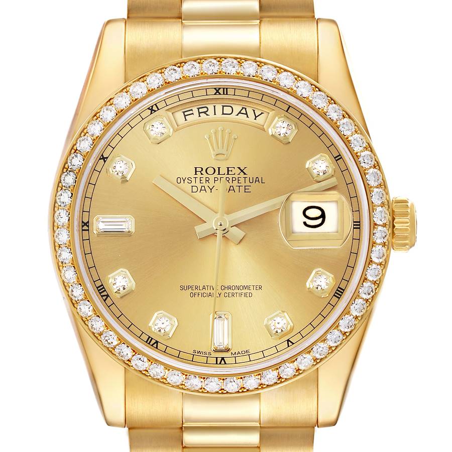 The image shows a Rolex President model from a front view, highlighting its gold dial, diamond bezel, day-date feature, and gold bracelet.