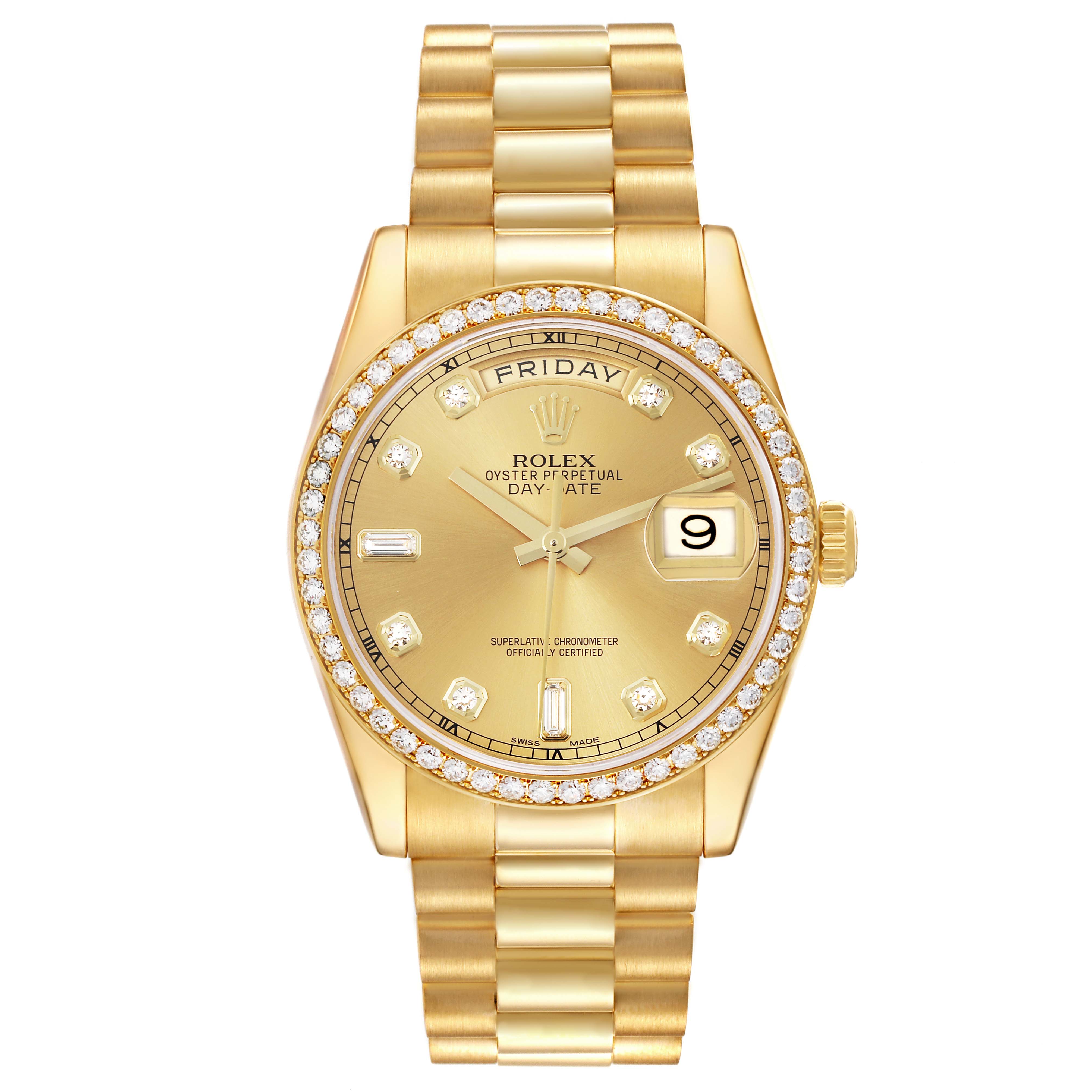 The Rolex President 118348 Men's Yellow Gold Champagne Dial 118348 Men's Yellow Gold Champagne Dial model is shown from a front angle, displaying the dial, bezel, bracelet, and day-date features.