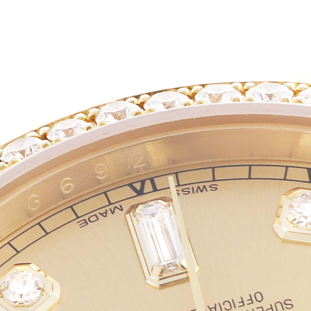 The image shows a close-up of the Rolex President 118348 Men's Yellow Gold Champagne Dial 118348 Men's Yellow Gold Champagne Dial model's watch face, focusing on the diamond-encrusted bezel and part of the dial.