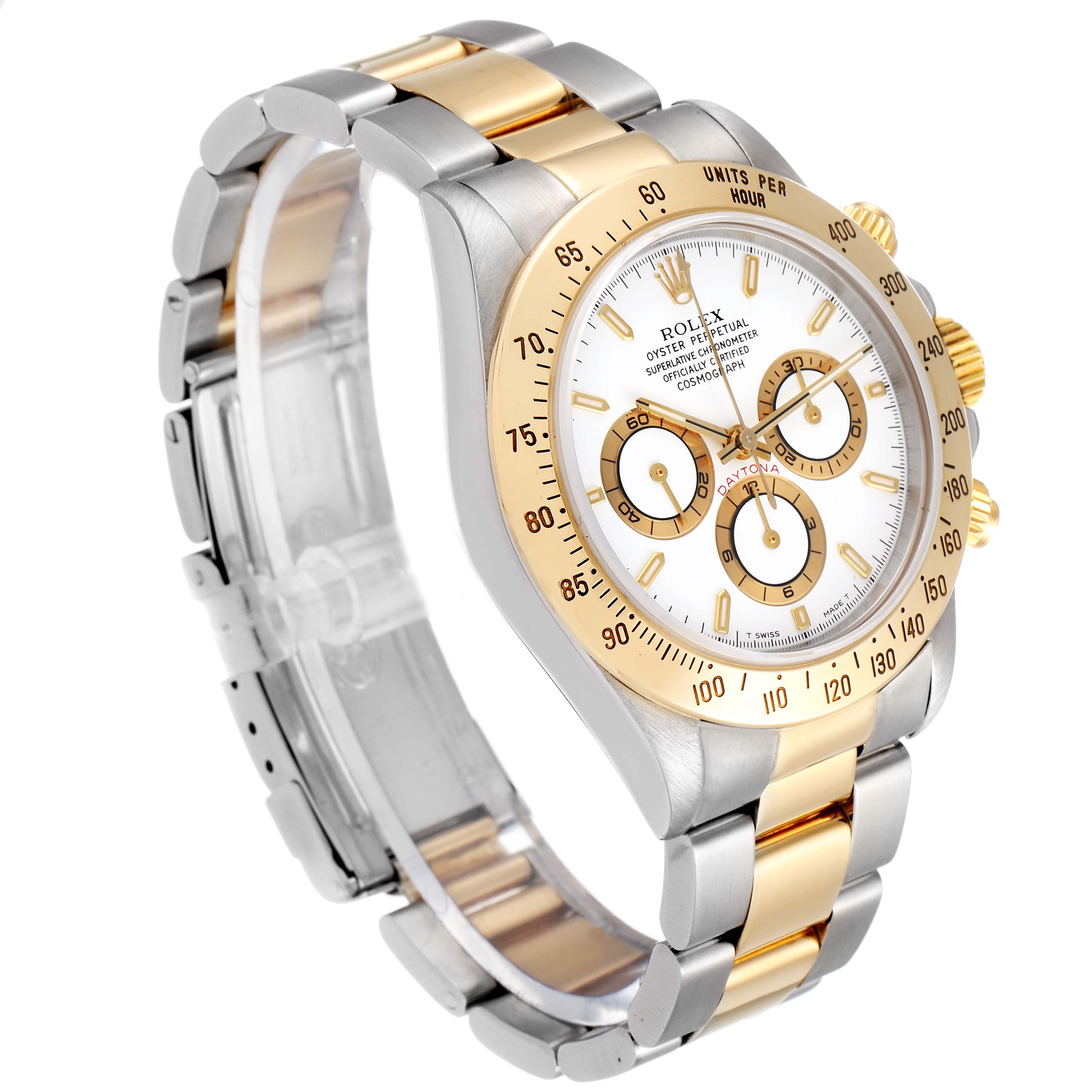 This image shows a side angle of the Rolex Daytona 16523 Men's Steel and Gold (two tone) White Dial 16523 Men's Steel and Gold (two tone) White Dial watch, highlighting its gold and silver bracelet, bezel, crown, and sub-dials.