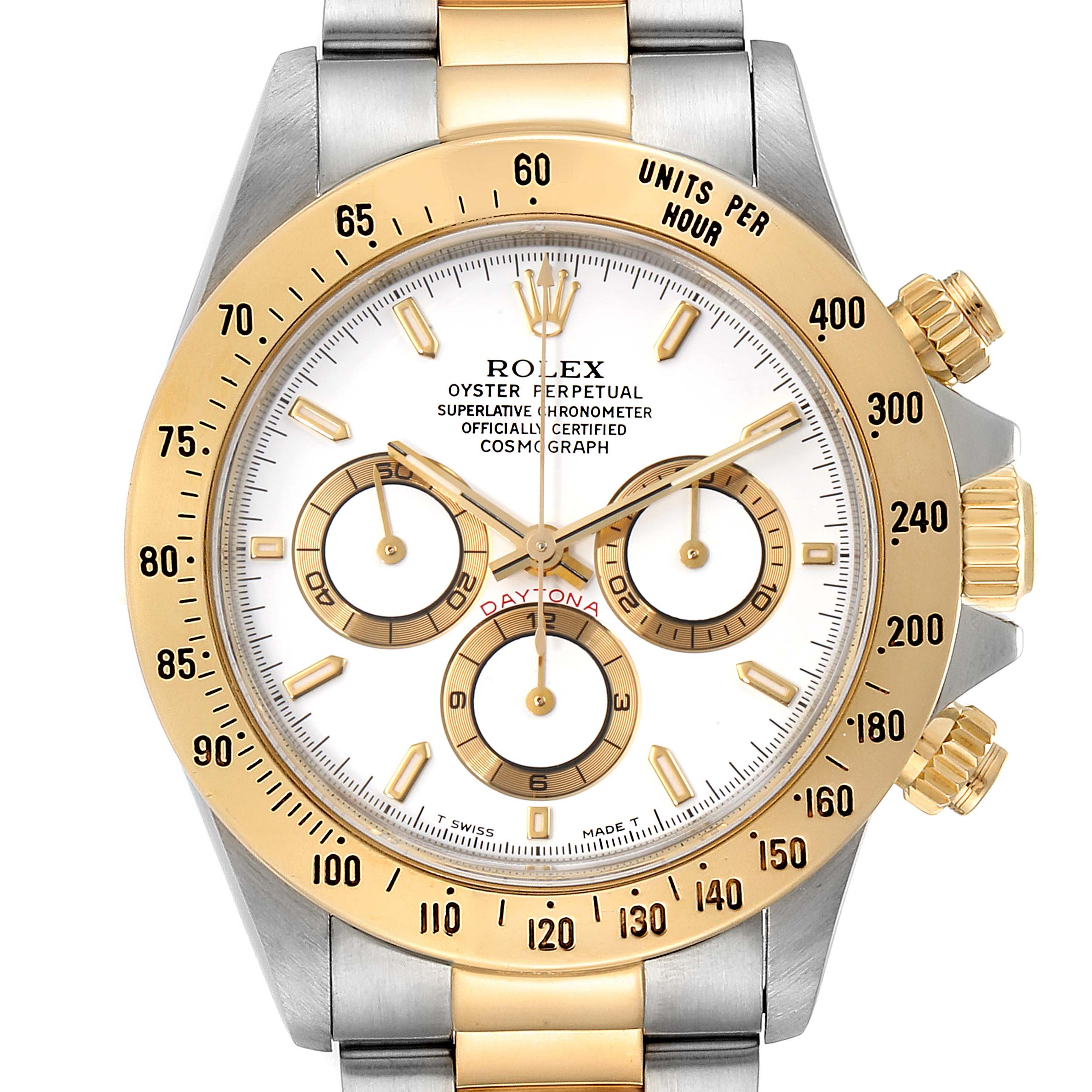The image shows a front view of the Rolex Daytona 16523 Men's Steel and Gold (two tone) White Dial 16523 Men's Steel and Gold (two tone) White Dial watch, highlighting the dial, bezel, sub-dials, and two-tone bracelet.