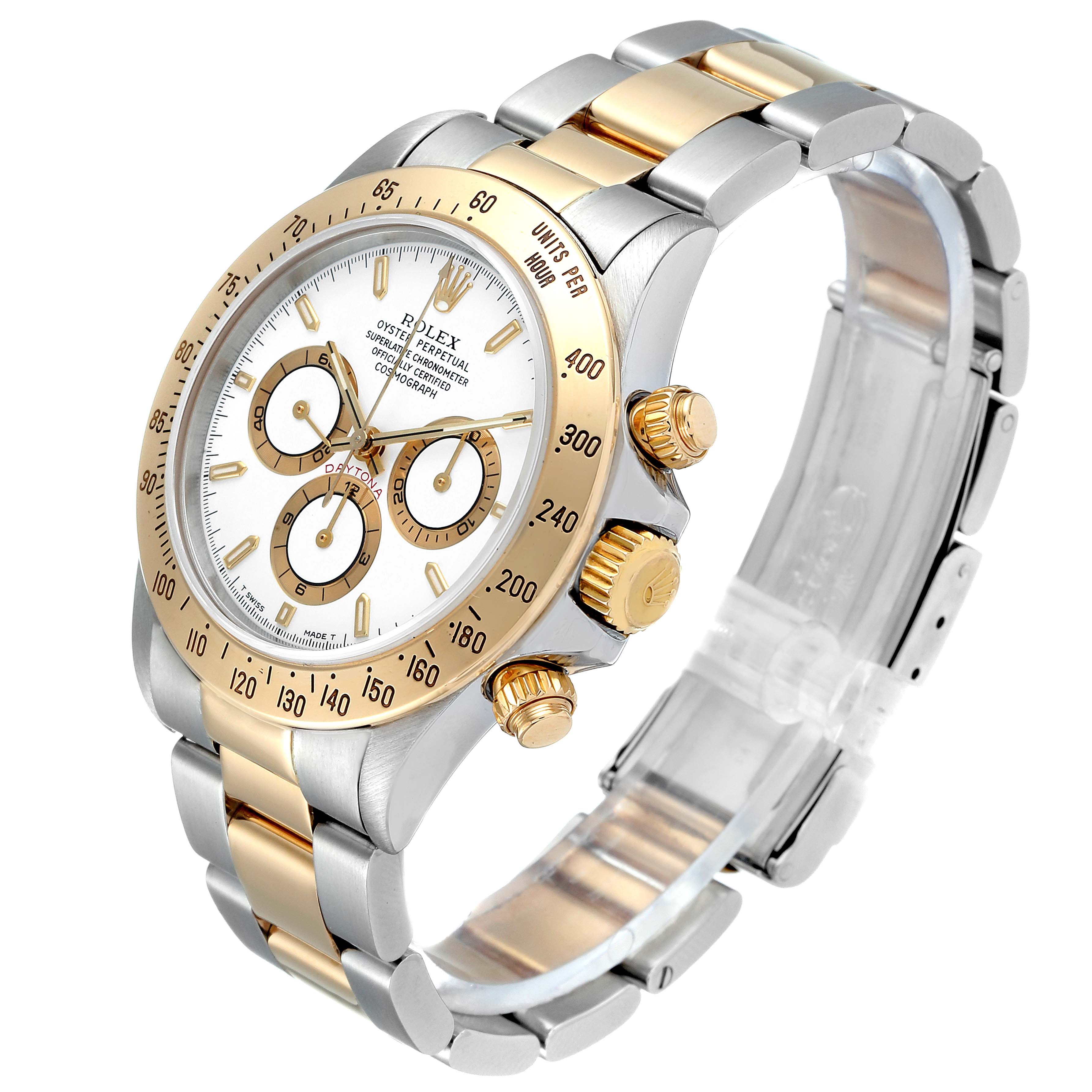 This image shows an angled view of the Rolex Daytona 16523 Men's Steel and Gold (two tone) White Dial 16523 Men's Steel and Gold (two tone) White Dial watch, highlighting the bezel, face, crown, pushers, and bracelet.