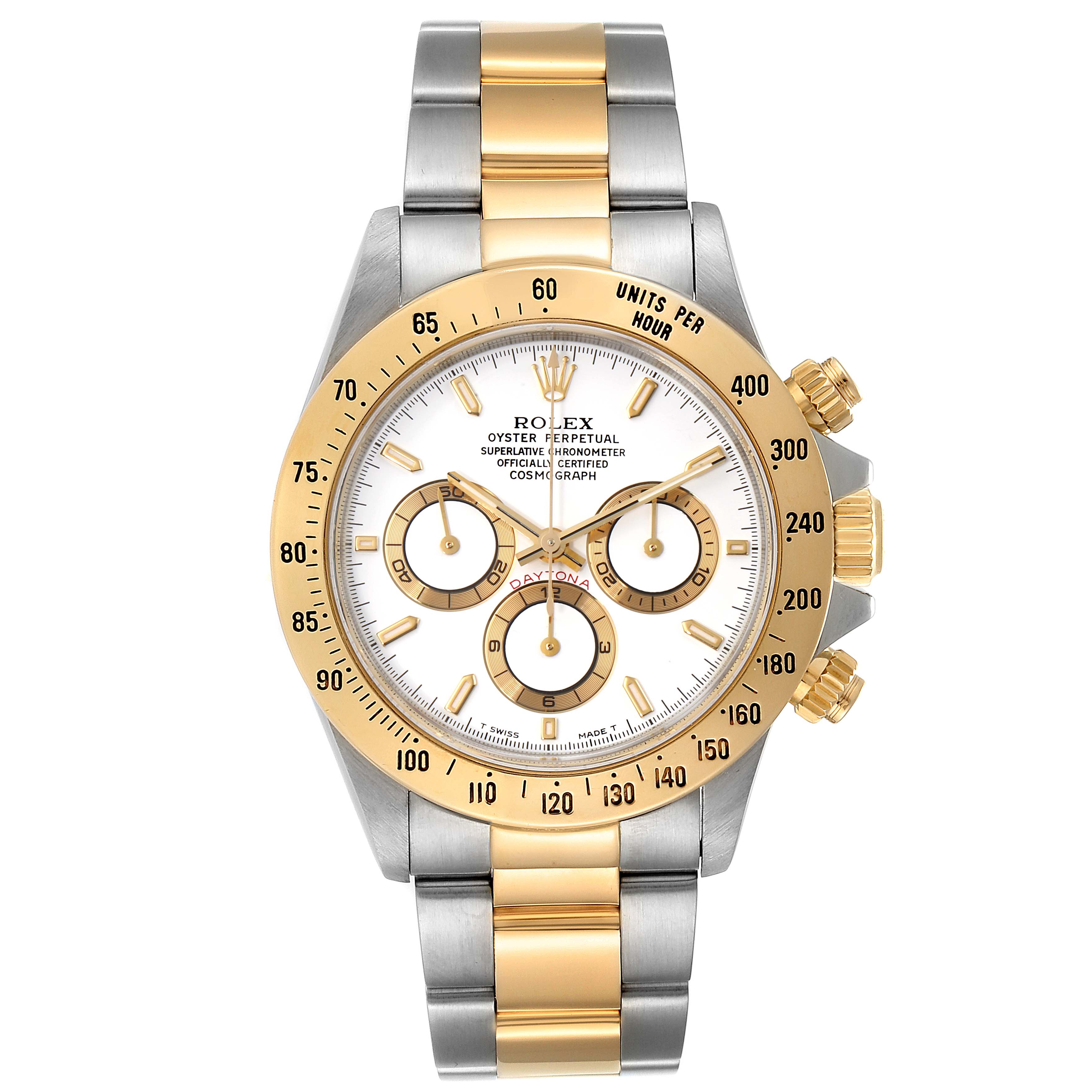 The image shows a frontal view of a Rolex Daytona 16523 Men's Steel and Gold (two tone) White Dial 16523 Men's Steel and Gold (two tone) White Dial watch, highlighting its dial, bezel, and bracelet.