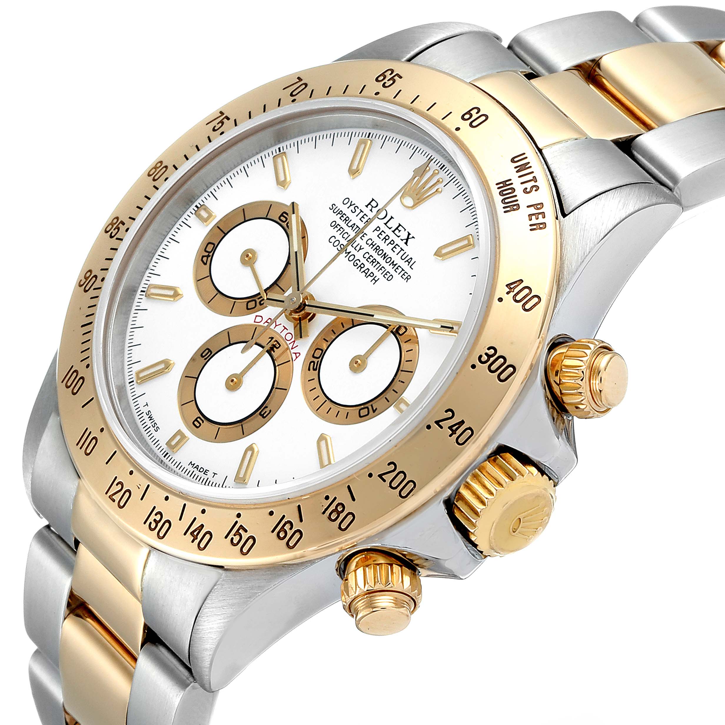 The image shows a Rolex Daytona 16523 Men's Steel and Gold (two tone) White Dial 16523 Men's Steel and Gold (two tone) White Dial watch from an angled side view, highlighting the bezel, face, and crown.