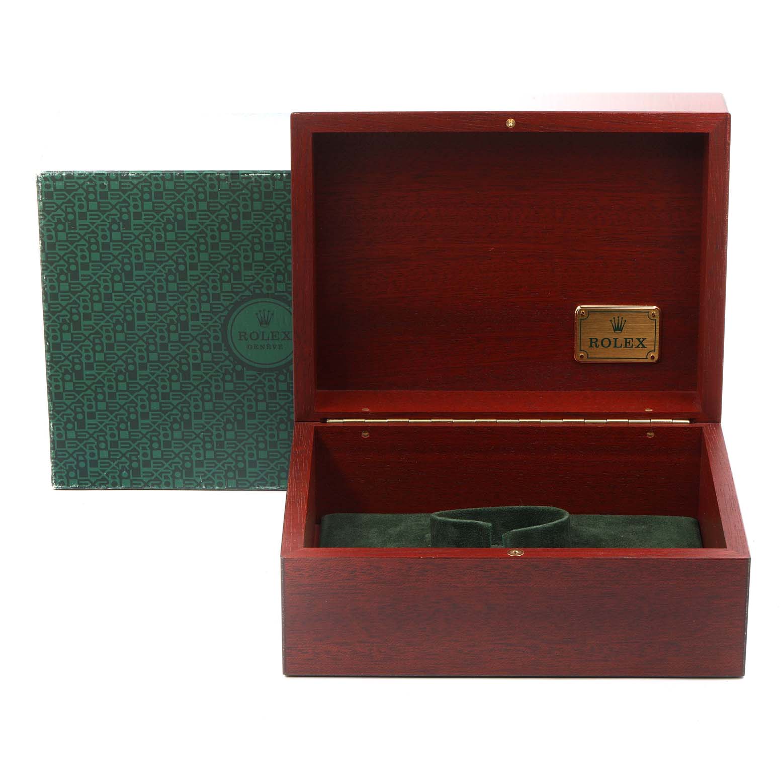 The image shows an open wooden Rolex Daytona 16523 Men's Steel and Gold (two tone) White Dial 16523 Men's Steel and Gold (two tone) White Dial watch box with a green interior and a branded plaque, along with its outer packaging.