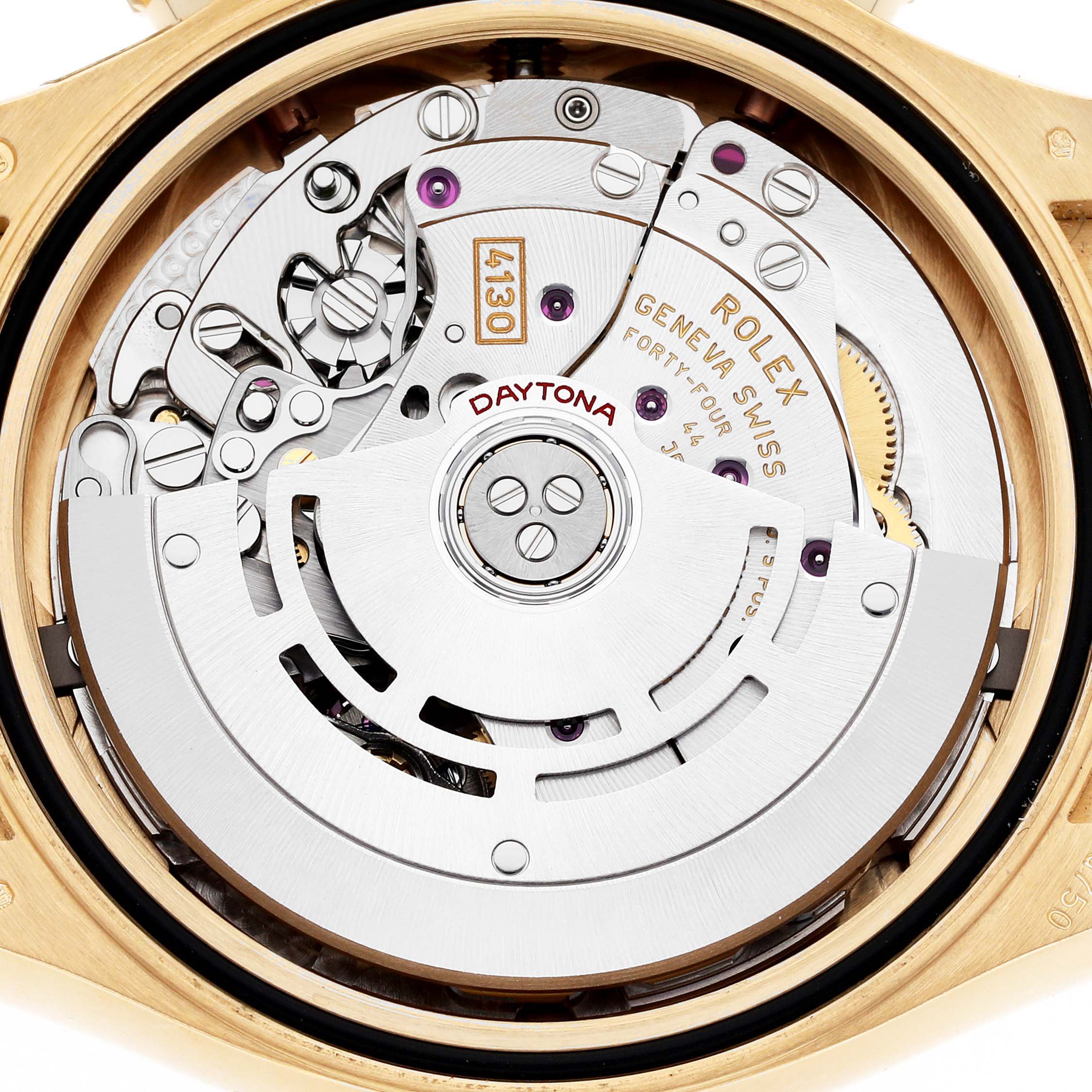 The image shows the movement of a Rolex Daytona 116518LN Men's Yellow Gold Champagne Dial 116518LN Men's Yellow Gold Champagne Dial watch from a top-down angle, highlighting the intricate internal components.