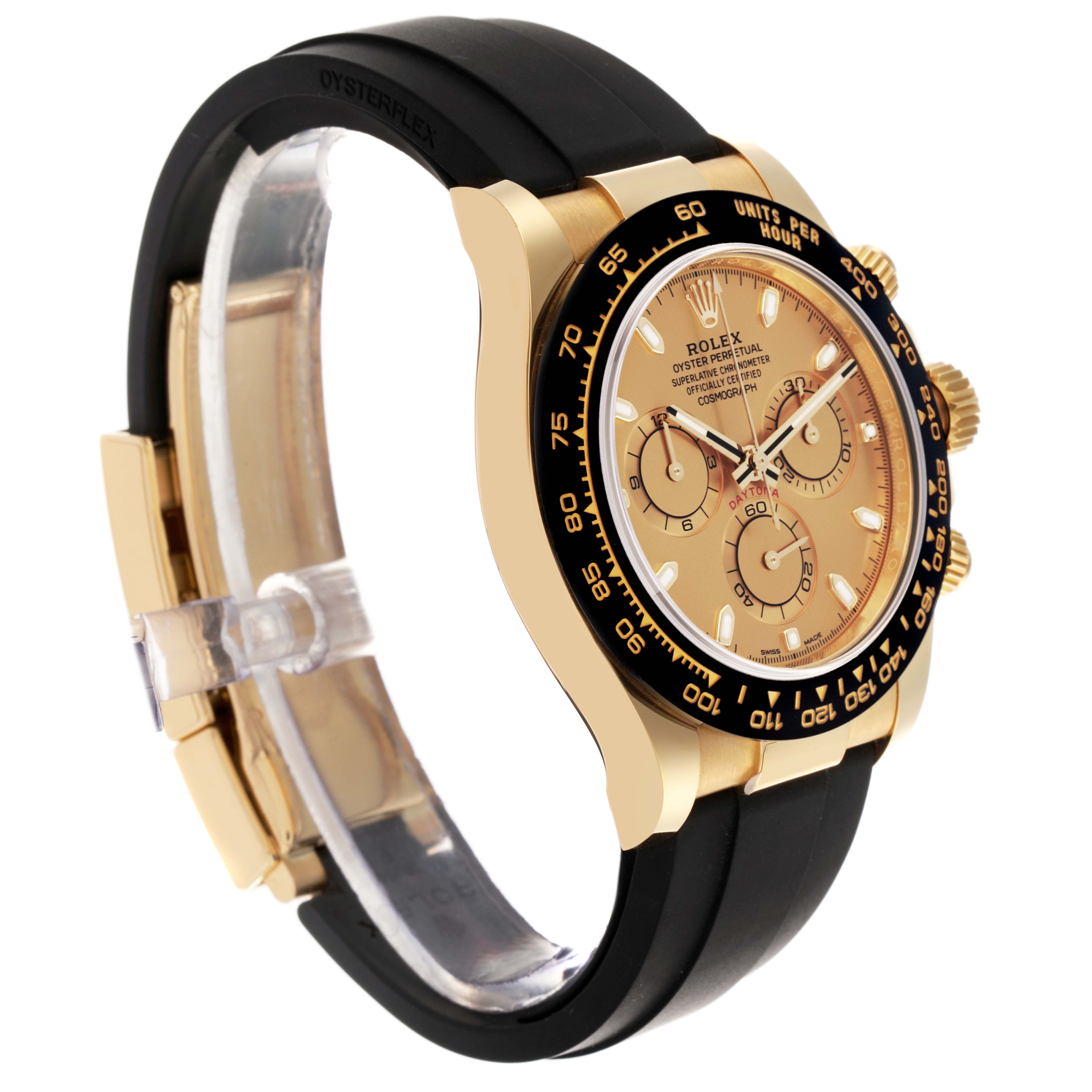 The Rolex Daytona 116518LN Men's Yellow Gold Champagne Dial 116518LN Men's Yellow Gold Champagne Dial watch is shown from a side angle, highlighting the face, bezel, and part of the strap.