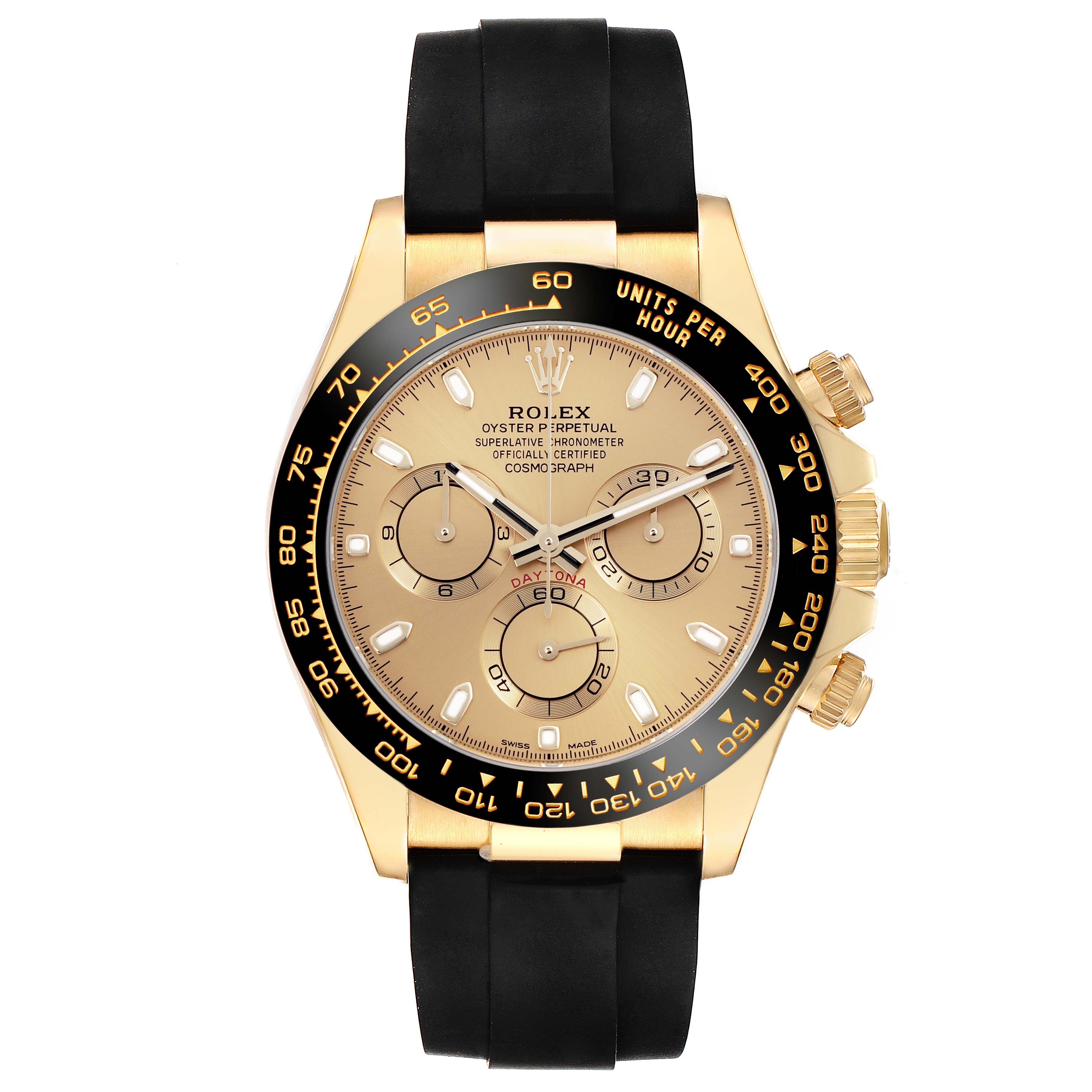 The Rolex Daytona 116518LN Men's Yellow Gold Champagne Dial 116518LN Men's Yellow Gold Champagne Dial watch is shown from the front, highlighting the dial, bezel, crown, and pushers.