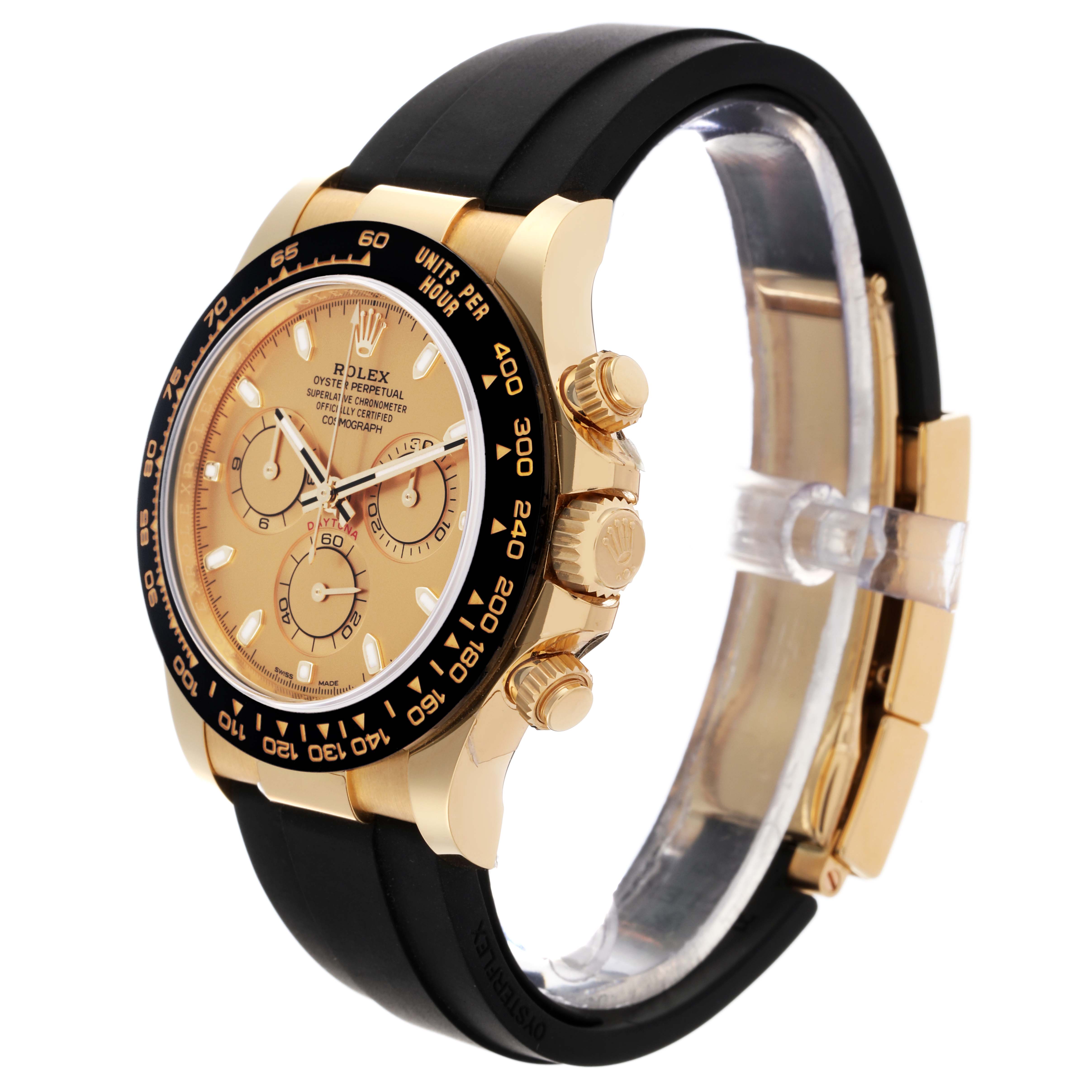 The Rolex Daytona 116518LN Men's Yellow Gold Champagne Dial 116518LN Men's Yellow Gold Champagne Dial watch is shown in a 3/4 angle, highlighting the face, bezel, crown, and black strap.