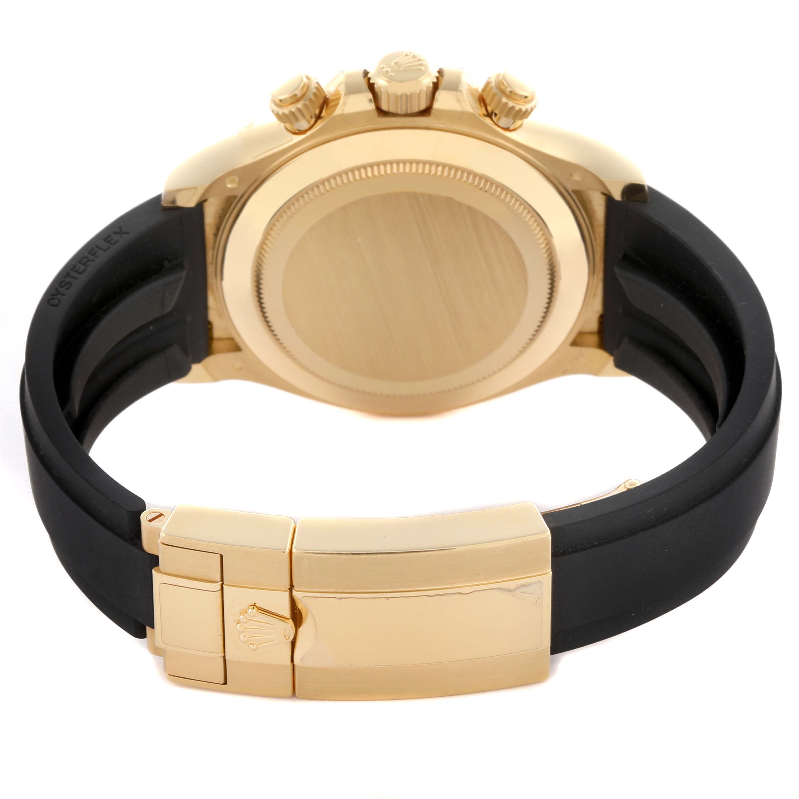 The image shows the back case, crown, pushers, and clasp of a Rolex Daytona 116518LN Men's Yellow Gold Champagne Dial 116518LN Men's Yellow Gold Champagne Dial, viewed from the rear.