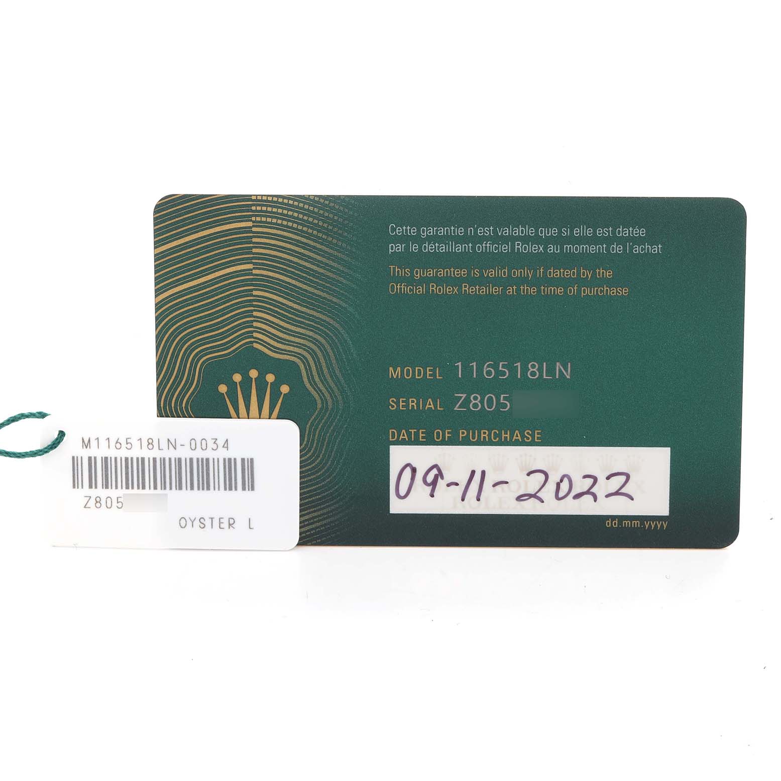 The image shows a Rolex Daytona 116518LN Men's Yellow Gold Champagne Dial 116518LN Men's Yellow Gold Champagne Dial model guarantee card with model and serial numbers visible.