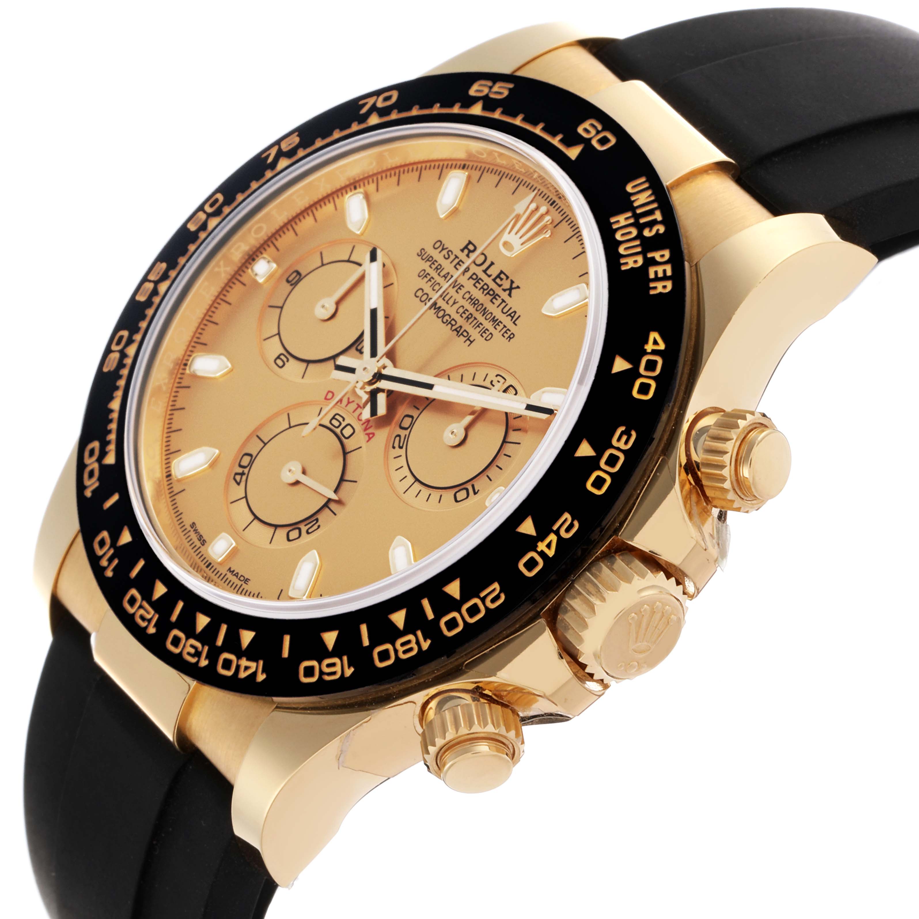 The Rolex Daytona 116518LN Men's Yellow Gold Champagne Dial 116518LN Men's Yellow Gold Champagne Dial is shown at an angled close-up, highlighting the dial, bezel, and crown.