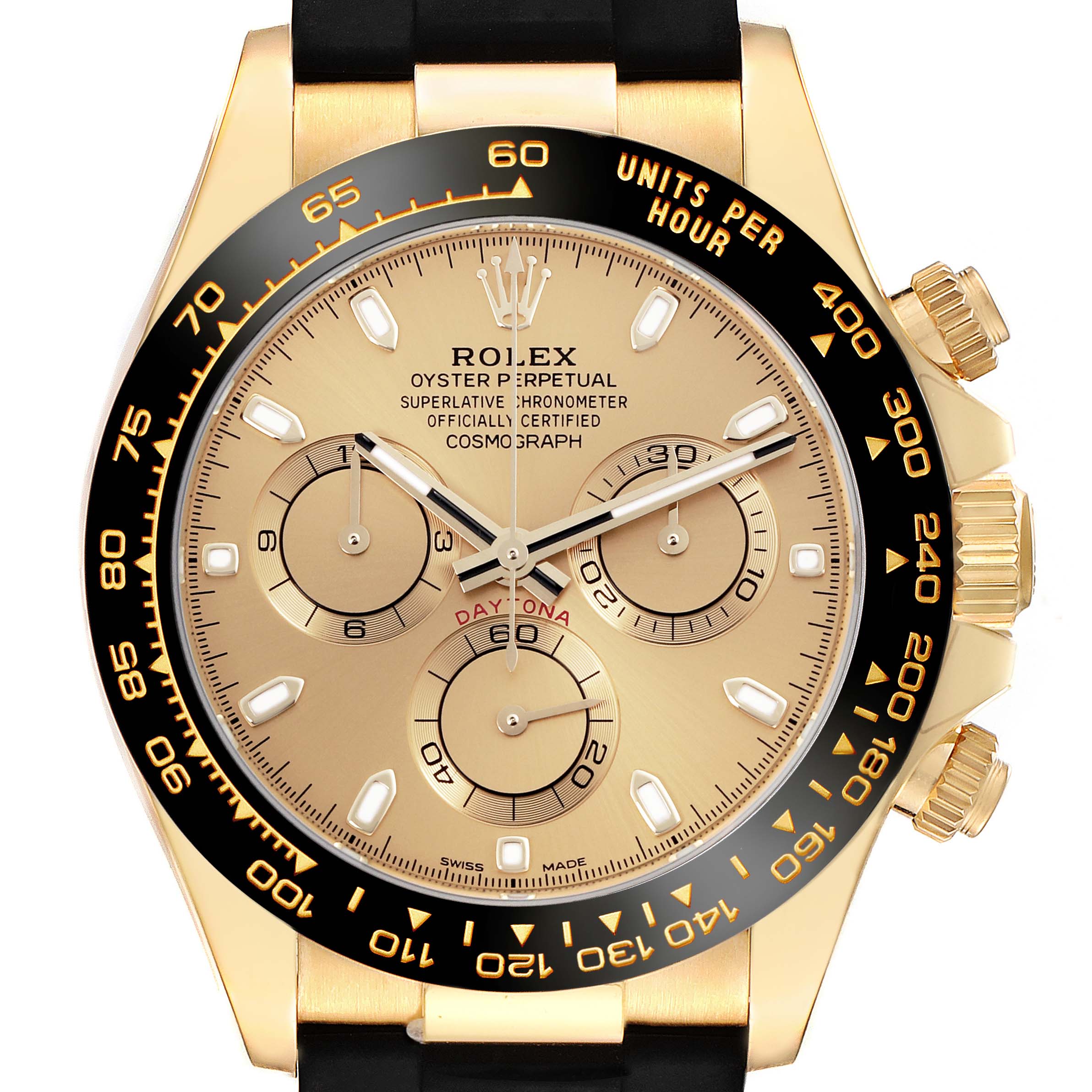 The image shows a frontal view of the Rolex Daytona 116518LN Men's Yellow Gold Champagne Dial 116518LN Men's Yellow Gold Champagne Dial watch, highlighting its dial, bezel, sub-dials, and crown.