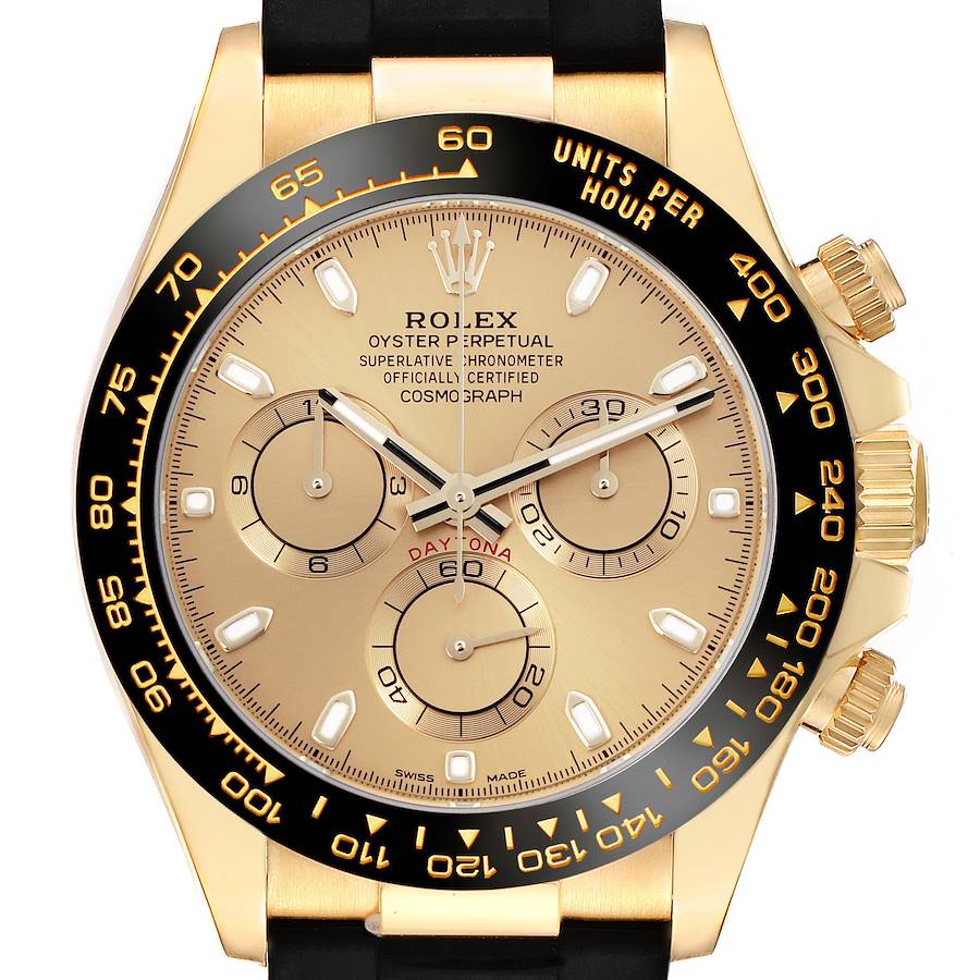 The image shows a frontal view of the Rolex Daytona watch, highlighting its dial, bezel, sub-dials, and crown.