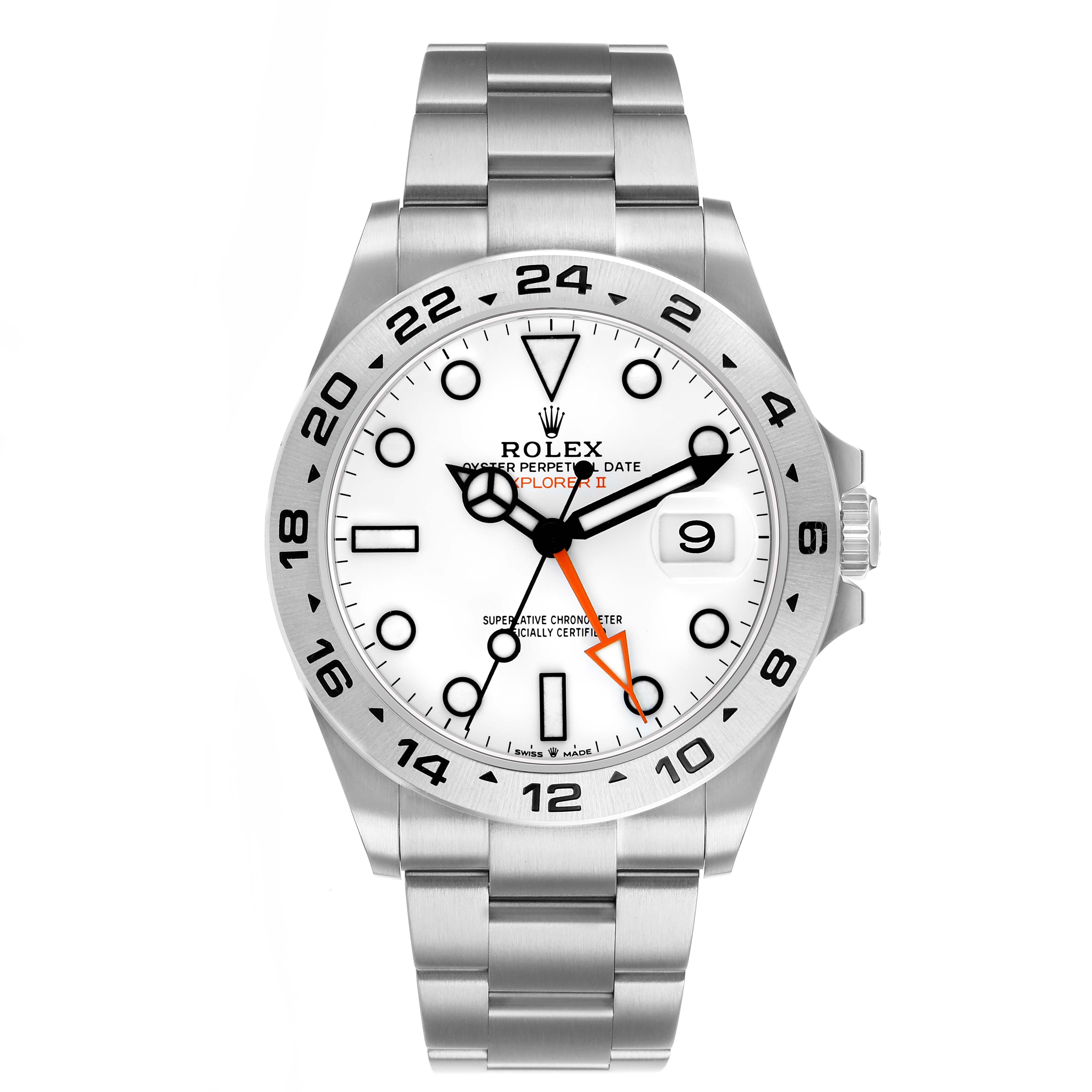 The Rolex Explorer 226570 Men's Stainless Steel White Dial model is shown from the front, highlighting the dial, hands, bezel, and bracelet.