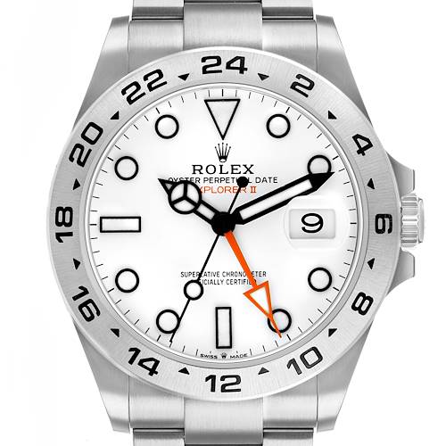 The Rolex Explorer 226570 Men's Stainless Steel White Dial II watch is shown from the front, displaying the dial, bezel, and part of the bracelet.