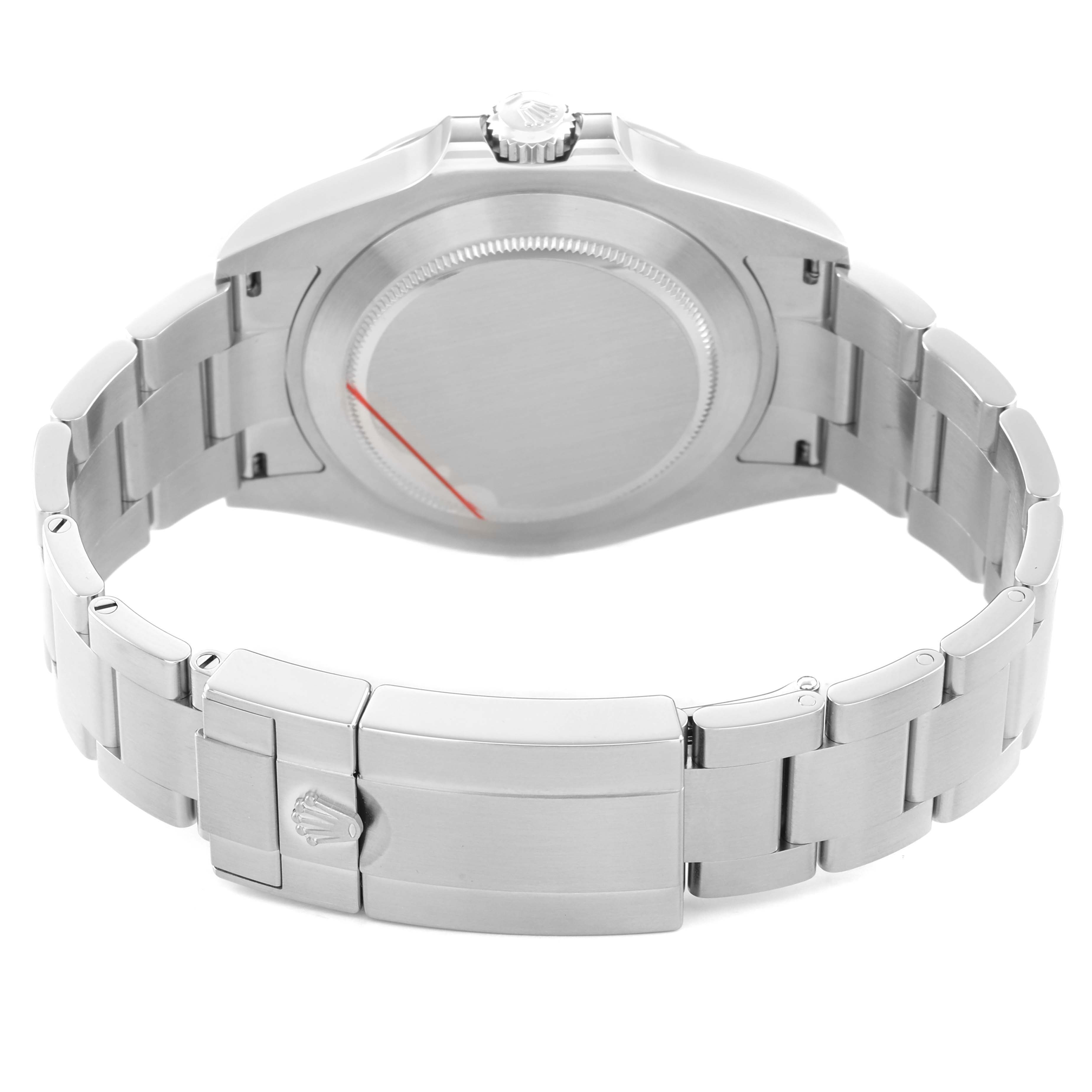 The image shows the back side of a Rolex Explorer 226570 Men's Stainless Steel White Dial watch, highlighting the bracelet, clasp, and case back.