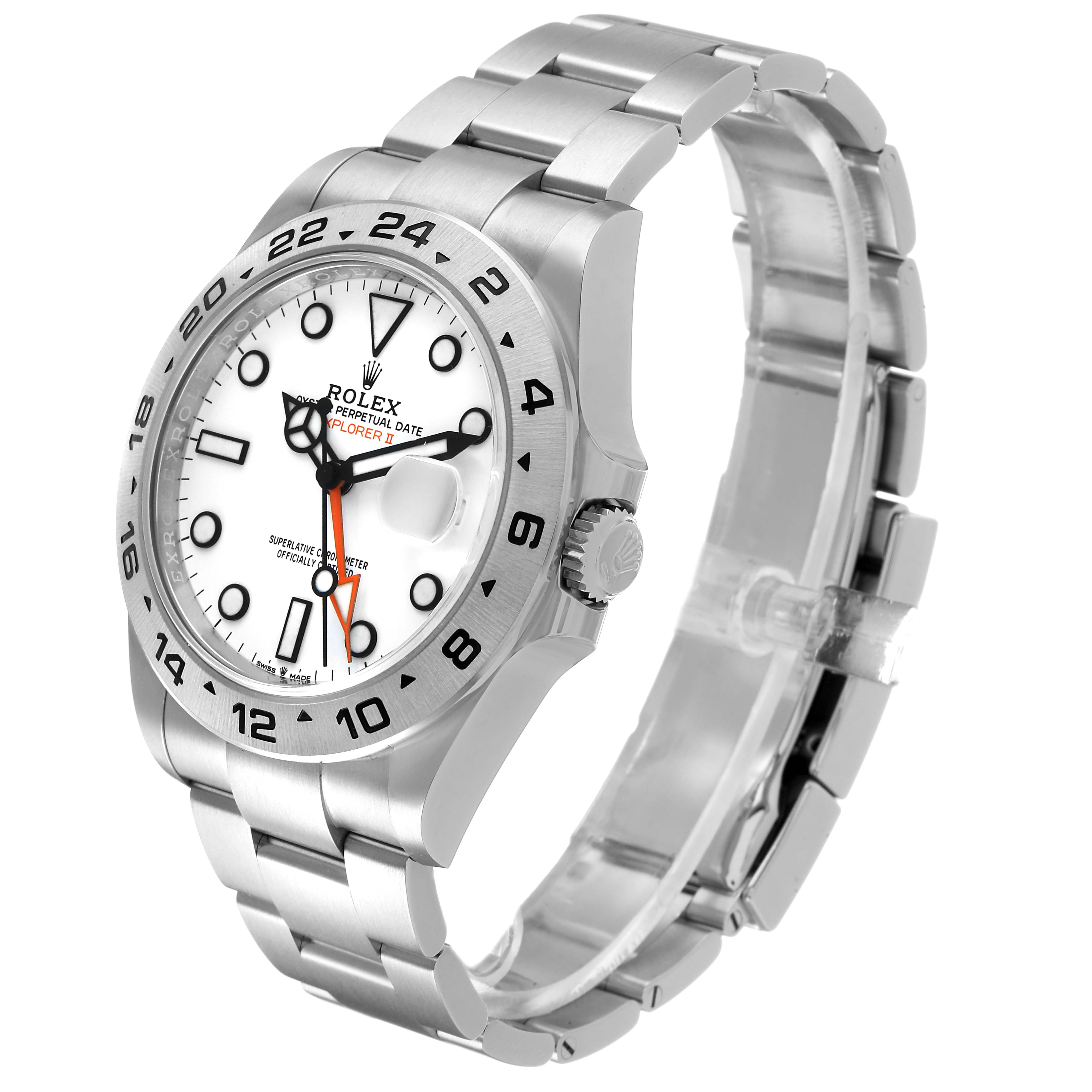 The Rolex Explorer 226570 Men's Stainless Steel White Dial watch is shown at a three-quarter angle displaying the face, bezel, crown, and bracelet.