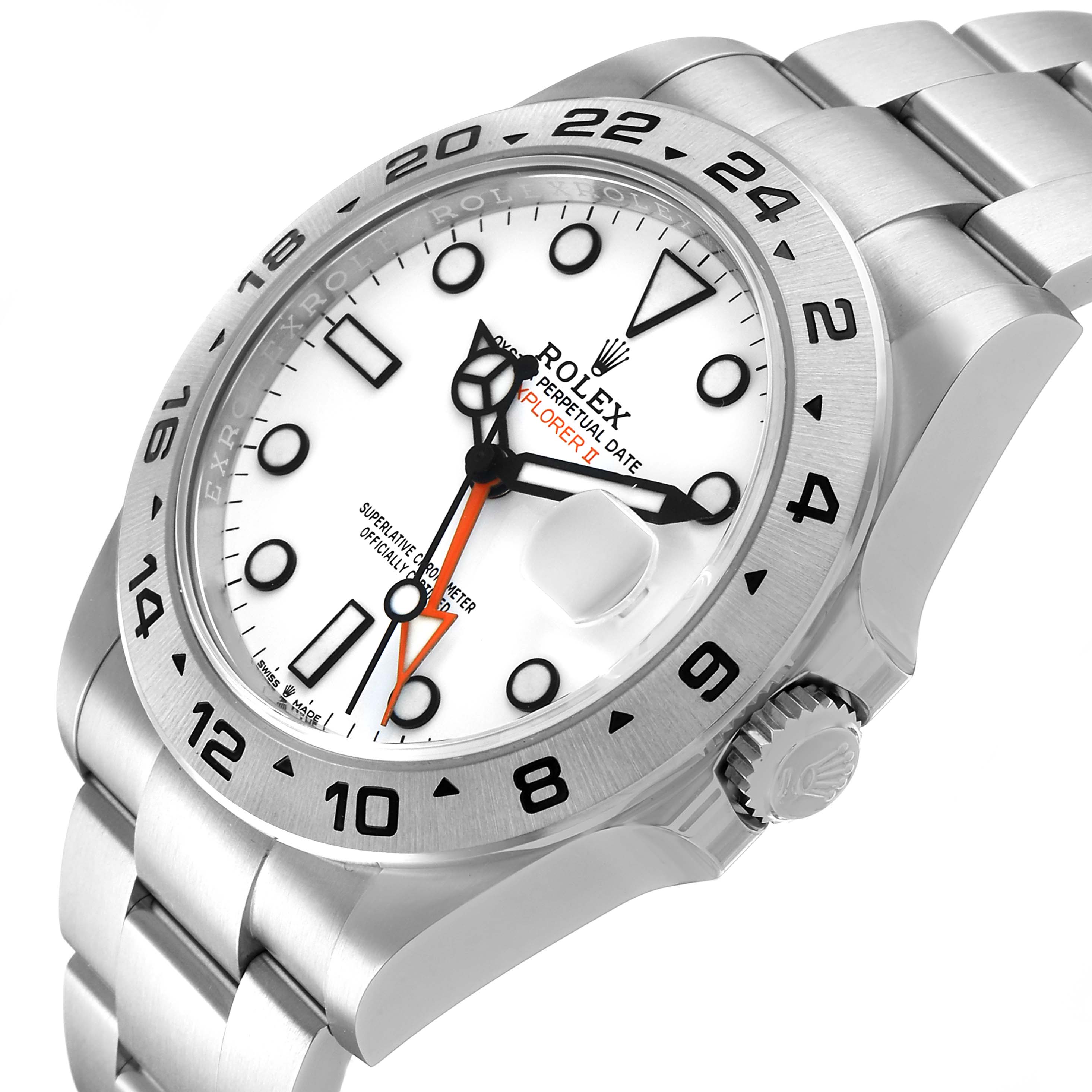 The Rolex Explorer 226570 Men's Stainless Steel White Dial watch is shown from a three-quarter angle, highlighting the bezel, crown, and bracelet.