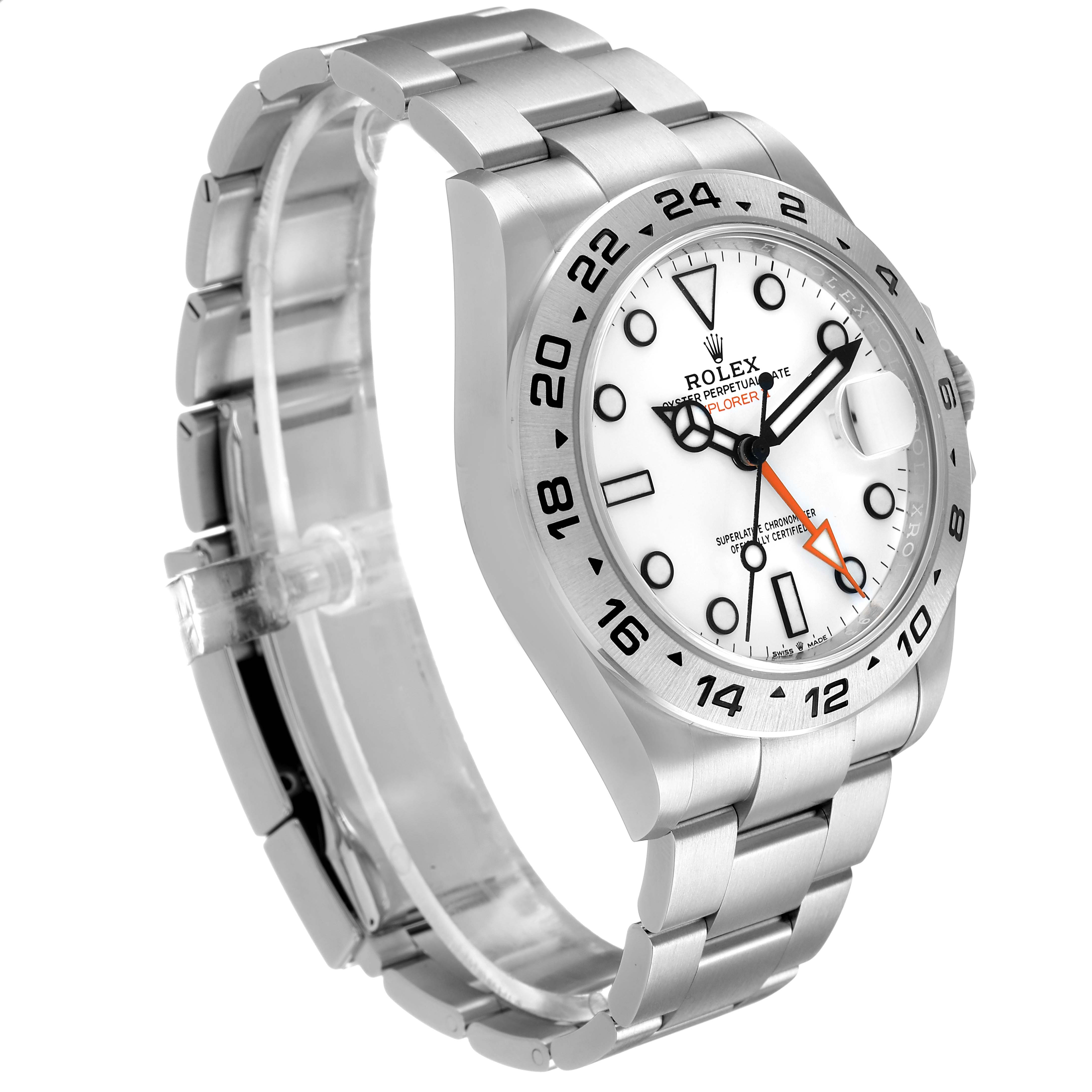 The Rolex Explorer 226570 Men's Stainless Steel White Dial watch is shown at a side angle, highlighting the stainless steel case, bracelet, and white dial.