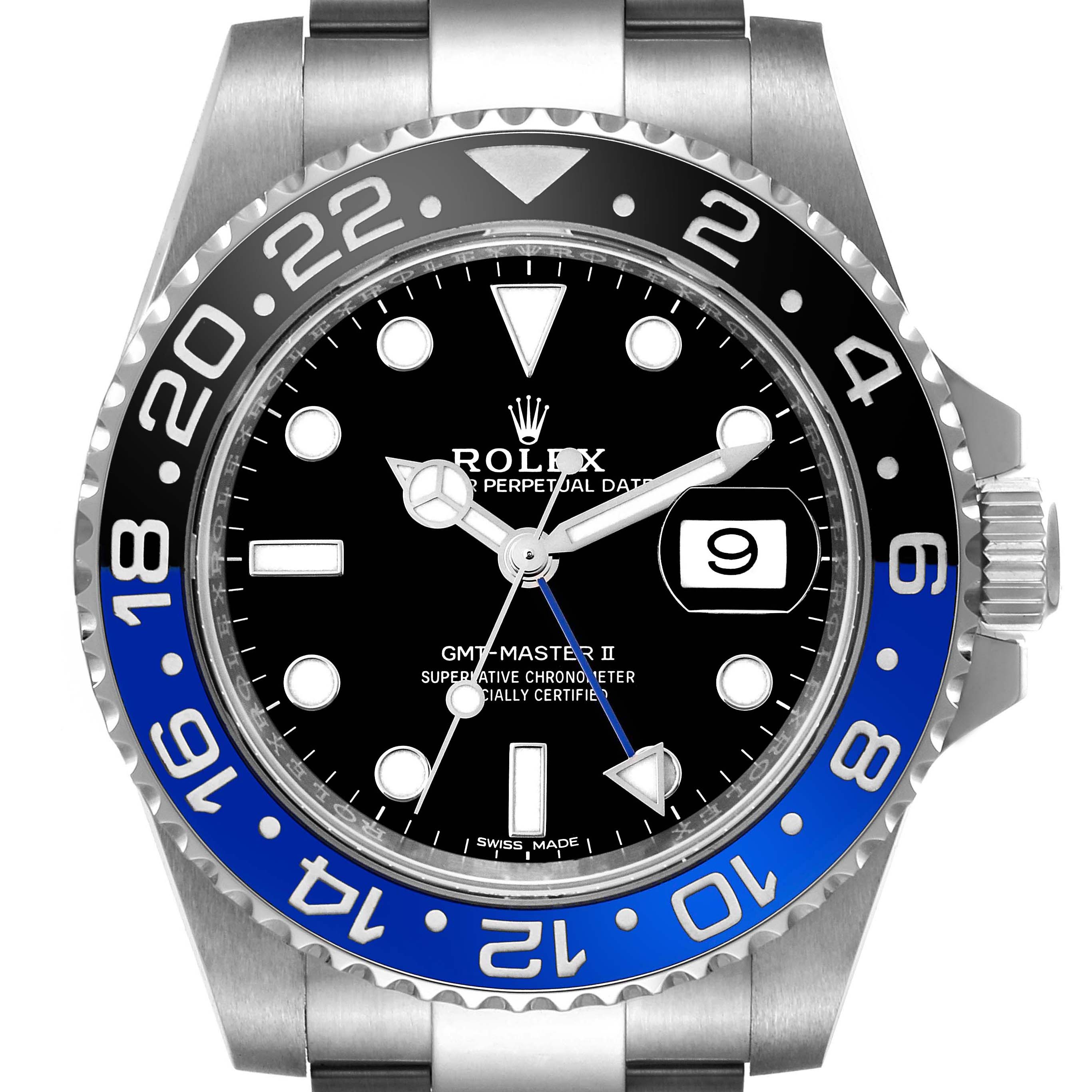 The image shows a front view of a Rolex GMT-Master 116710 Men's Stainless Steel Black Dial 116710 Men's Stainless Steel Black Dial II watch, featuring its bezel, dial, and date window.